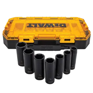 Profile of DEWALT 7 piece drive deep impact socket set with its case.