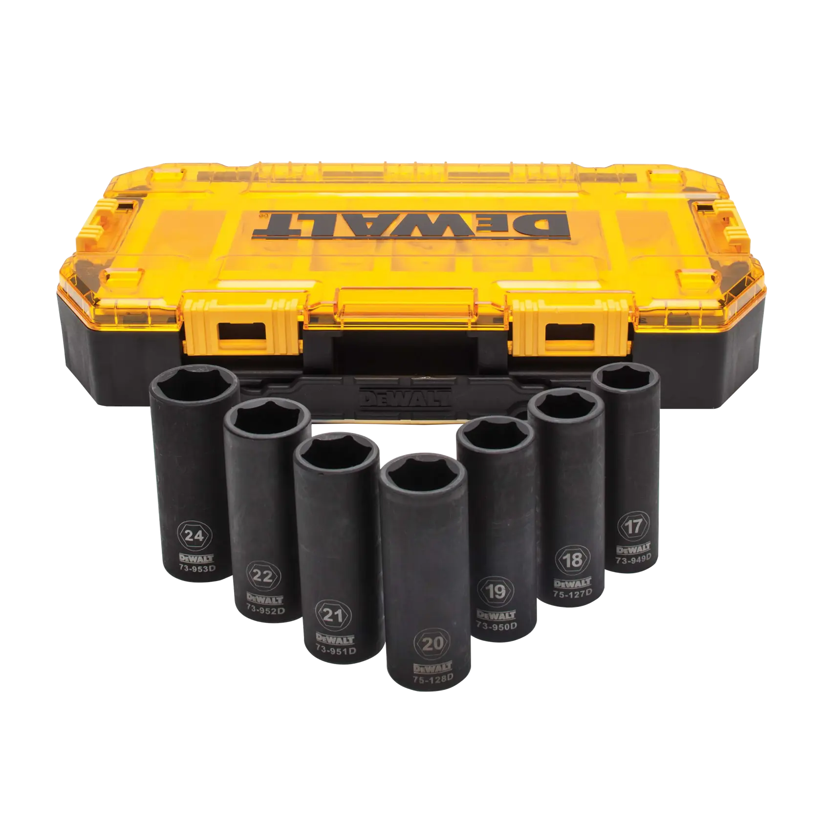 Profile of DEWALT 7 piece drive deep impact metric socket set with its case.