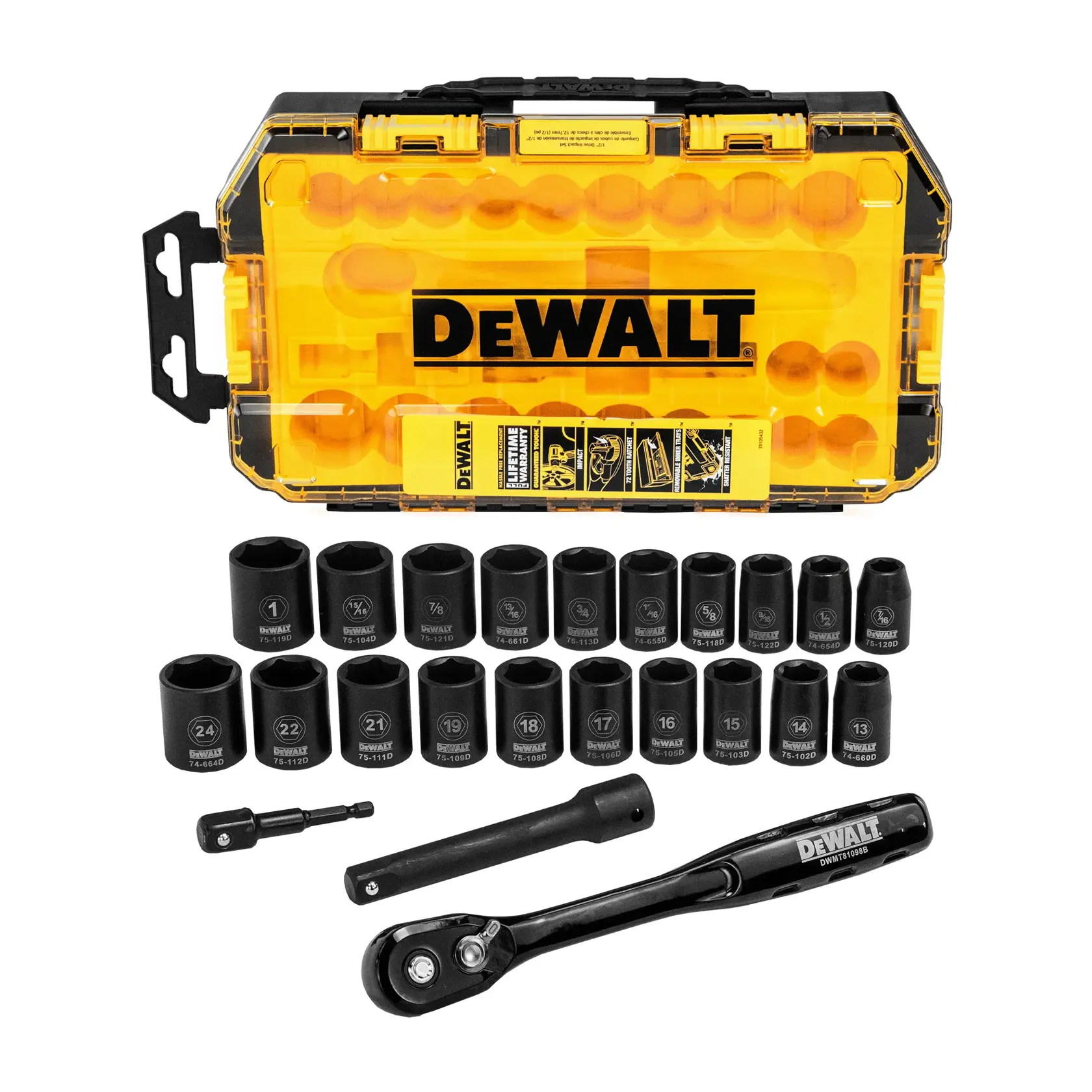DEWALT® 1/2-in. (13mm) Drive Standard (SAE) & Metric Impact Socket Set (23-Piece)