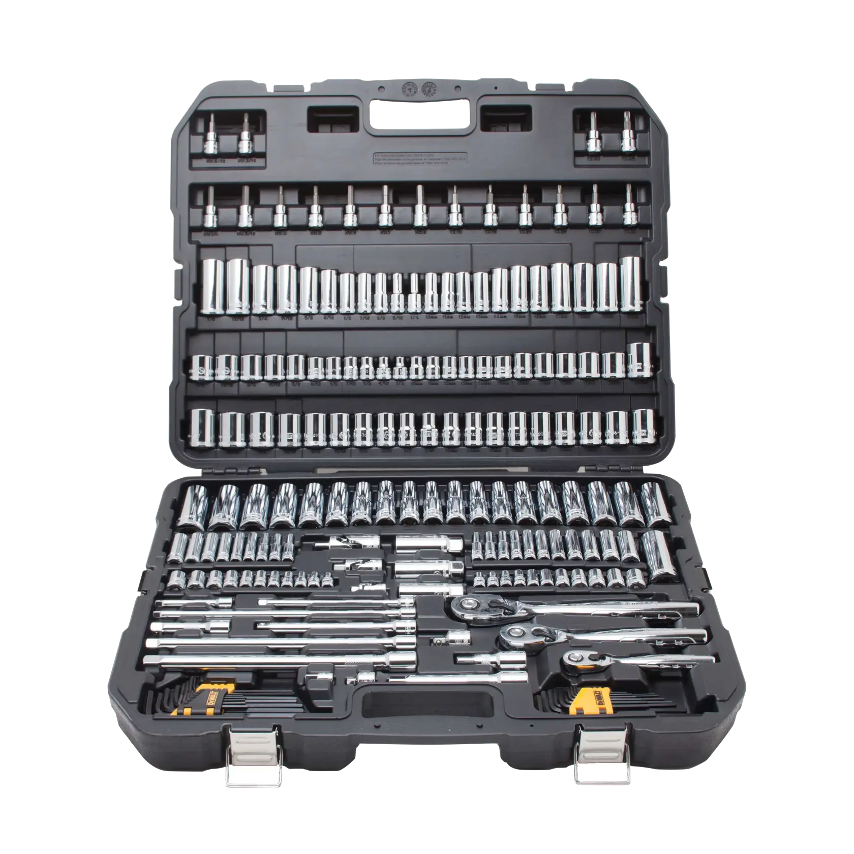 Profile of DEWALT 192 piece mechanics tool set assembled in its case.