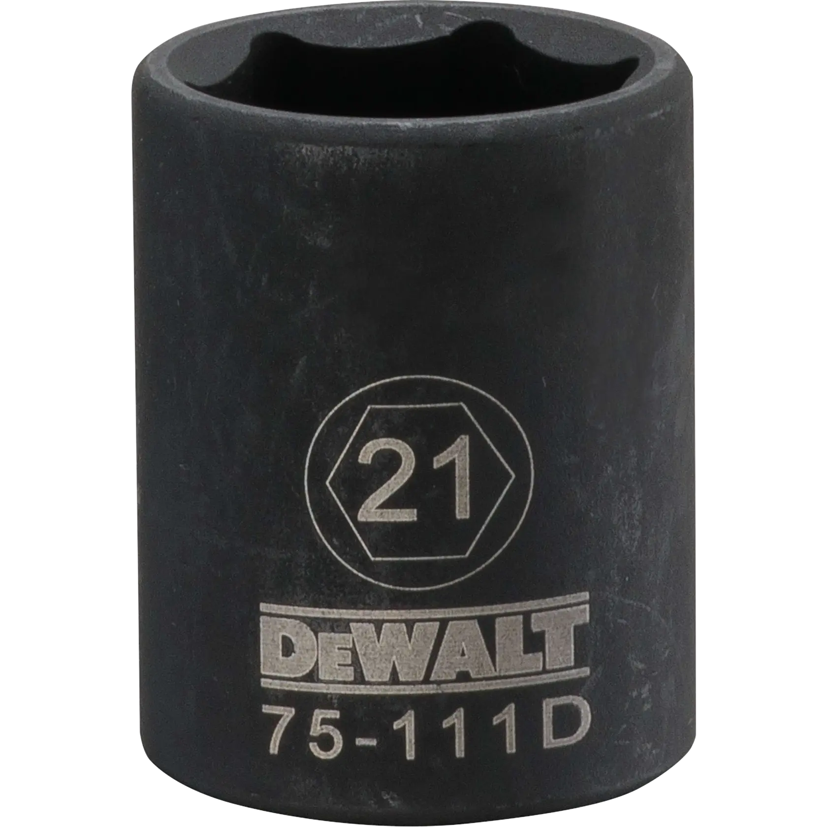 A close-up image of a DEWALT branded 21mm deep impact socket. The black socket has engraved markings showing the DEWALT logo, the size 21 in a hexagon, and the code 75-111D.