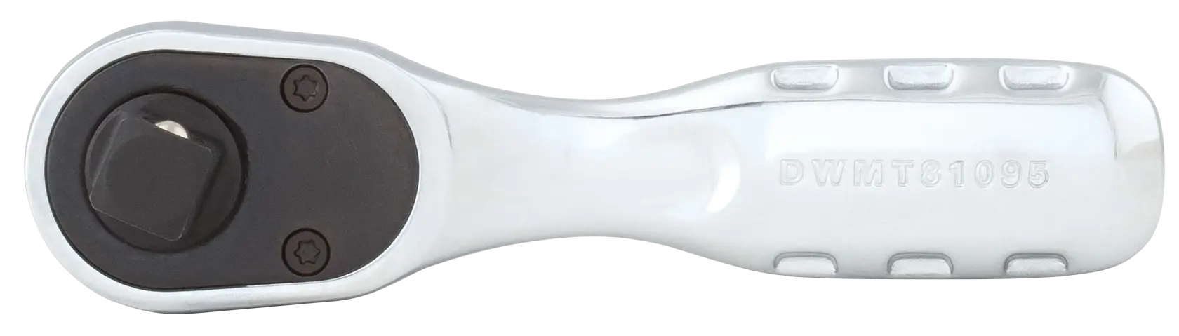 A close-up view of a DEWALT stubby ratchet wrench, silver in color with a short handle. The product code DWMT81095 is engraved on the handle.