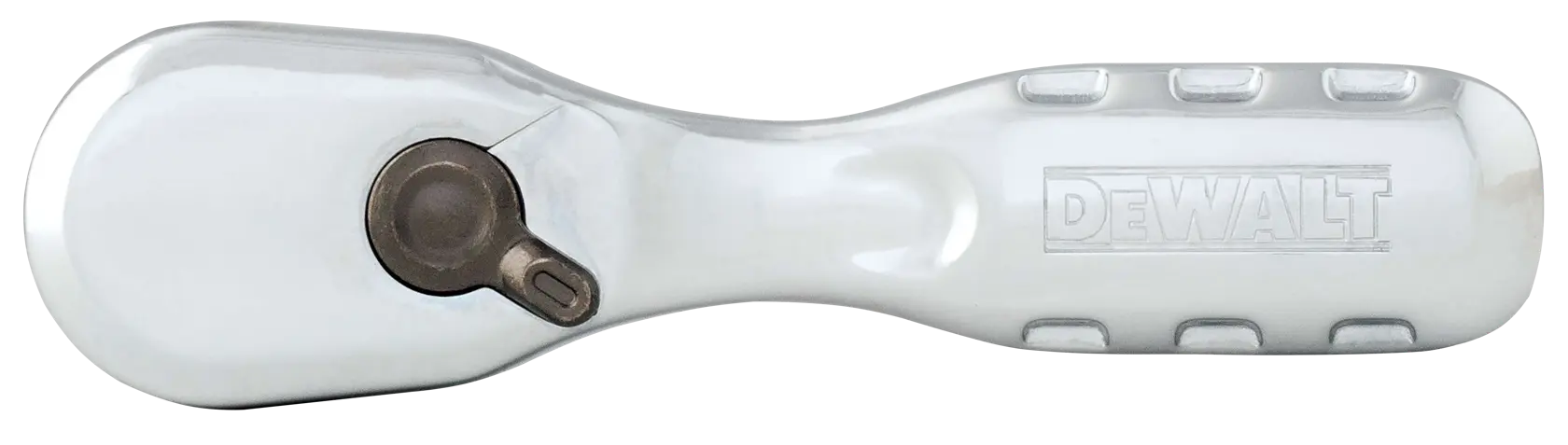 A DEWALT branded ratchet wrench with a silver metallic finish, viewed from above. The tool has an ergonomic handle with grooves for grip and a lever for adjusting the ratchet direction.