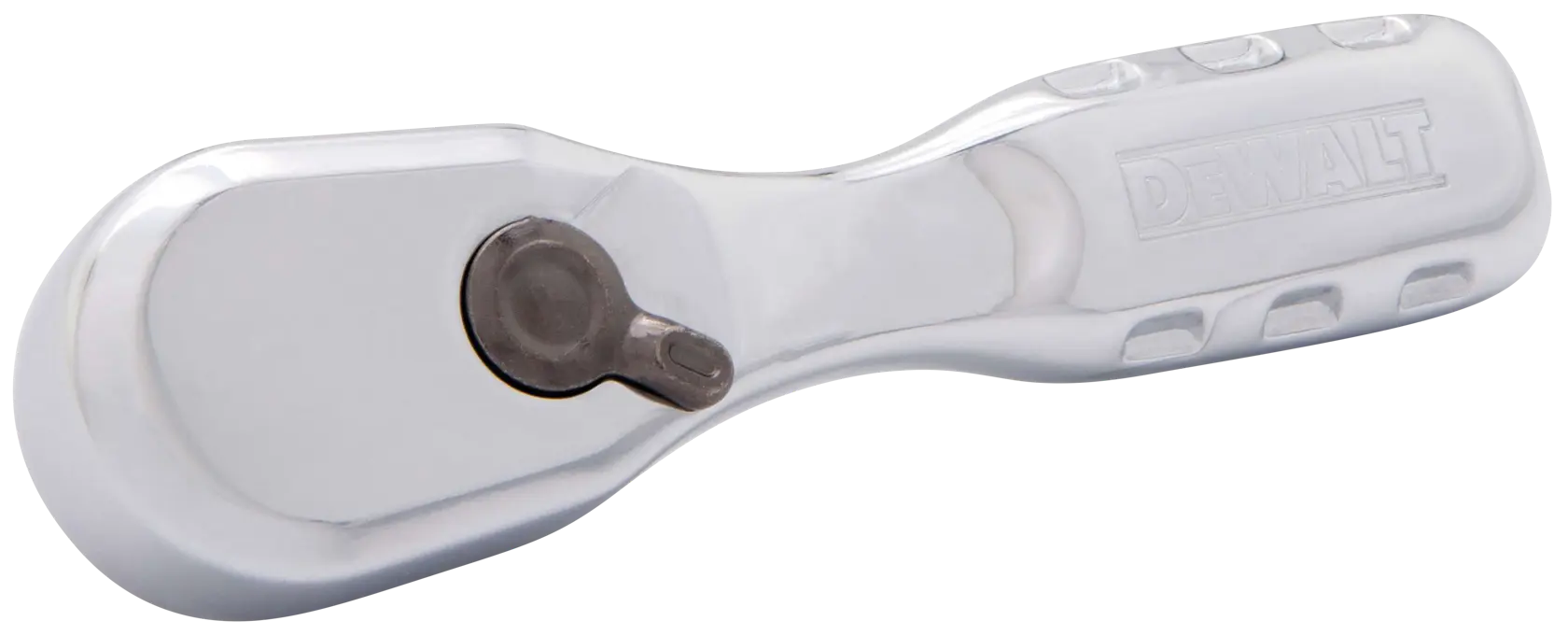 A close-up image of a DEWALT stubby ratchet with a polished, reflective metal finish and the DEWALT brand name embossed on the handle.