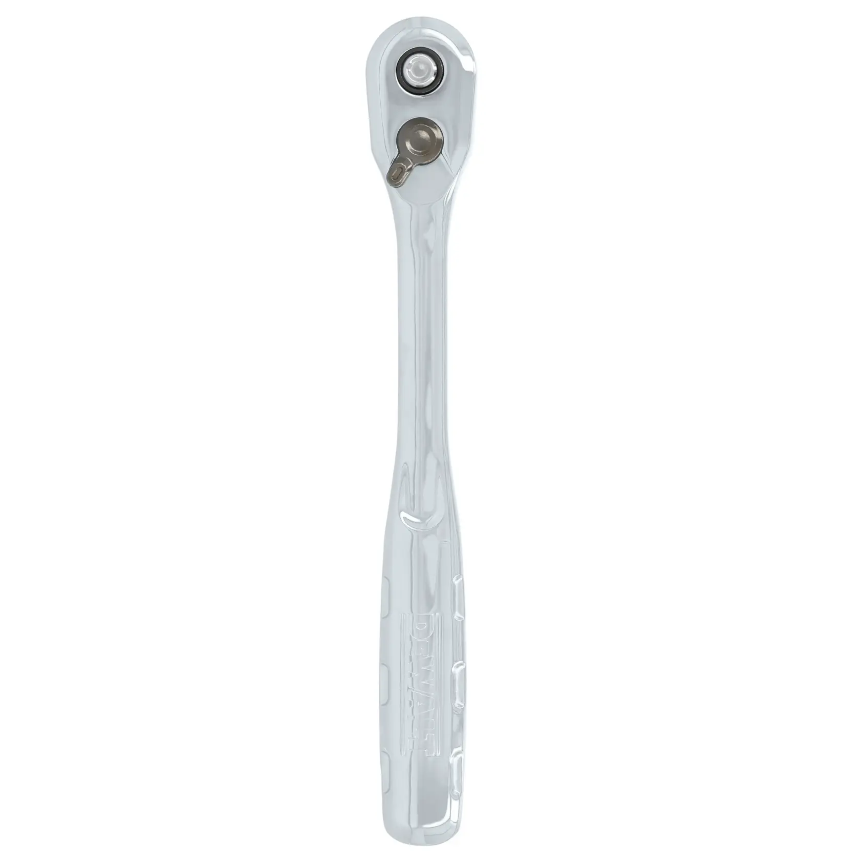 DEWALT 1/2 inch drive ratchet back side on white at a profile view overhead