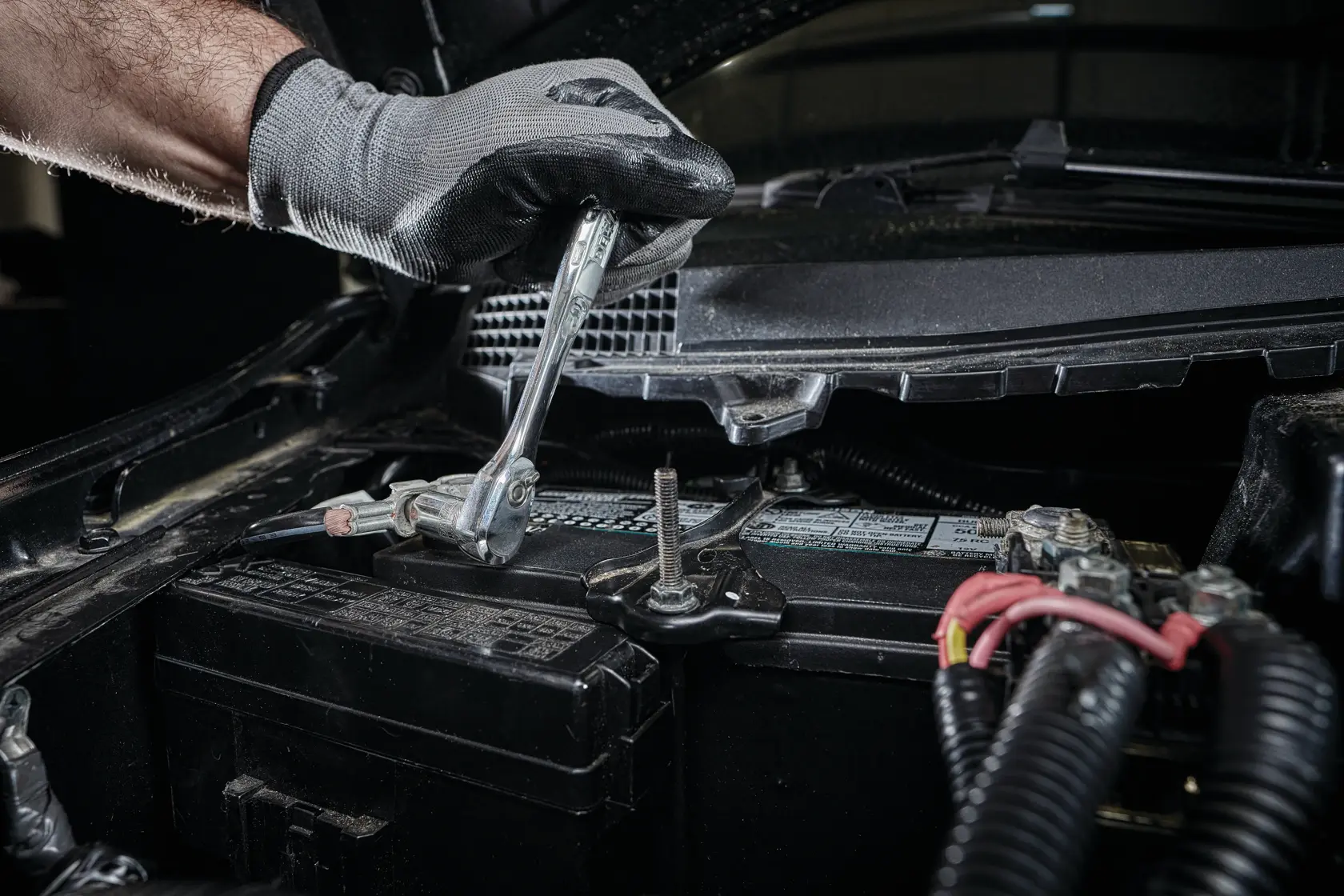 A gloved hand uses a ratchet wrench to adjust or tighten a bolt on a car battery under the hood, with various cables and engine components visible.