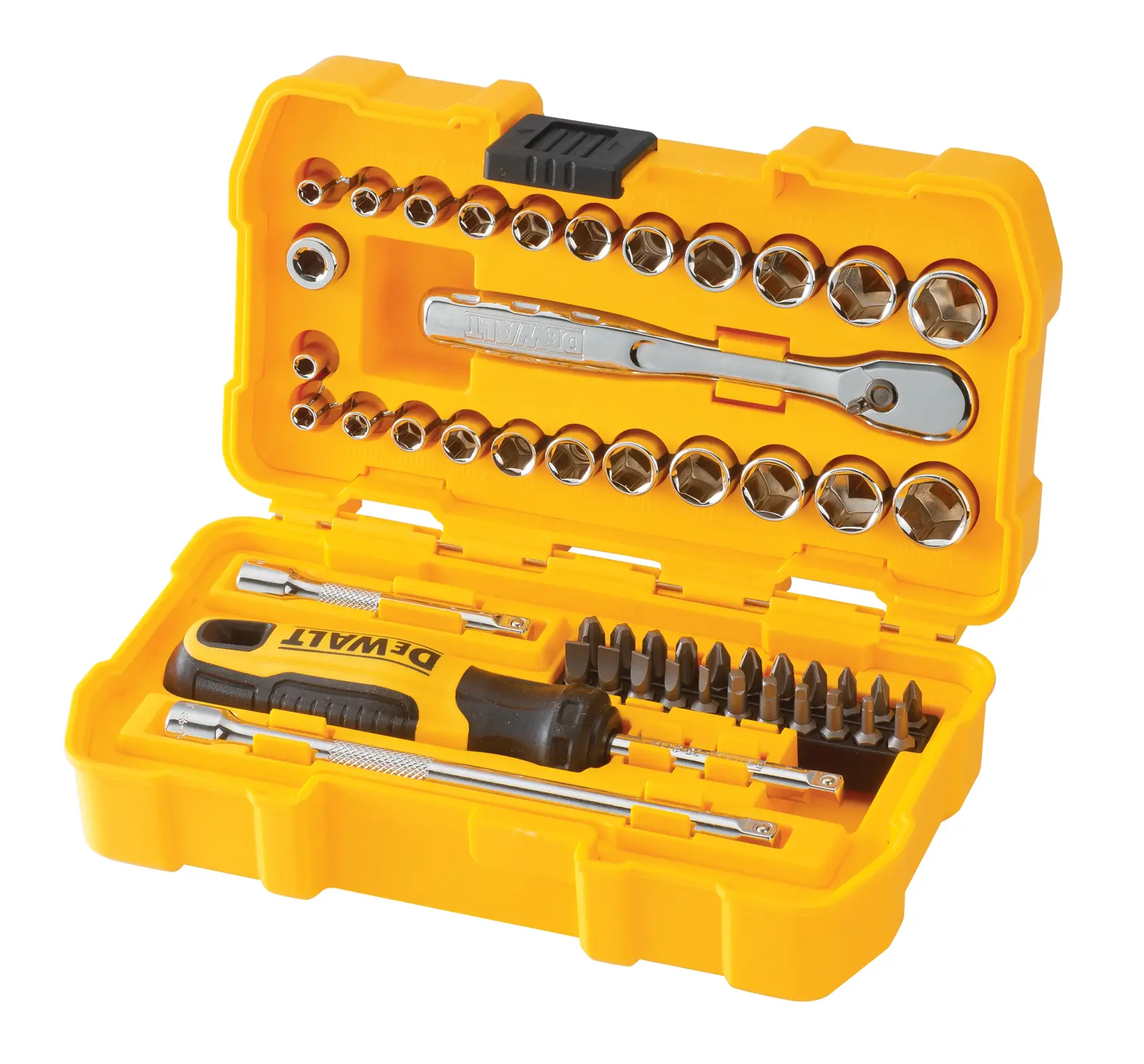 A yellow DEWALT tool kit with various sockets, screwdriver bits, a ratchet, and a screw handle, neatly arranged in a yellow hard plastic case.