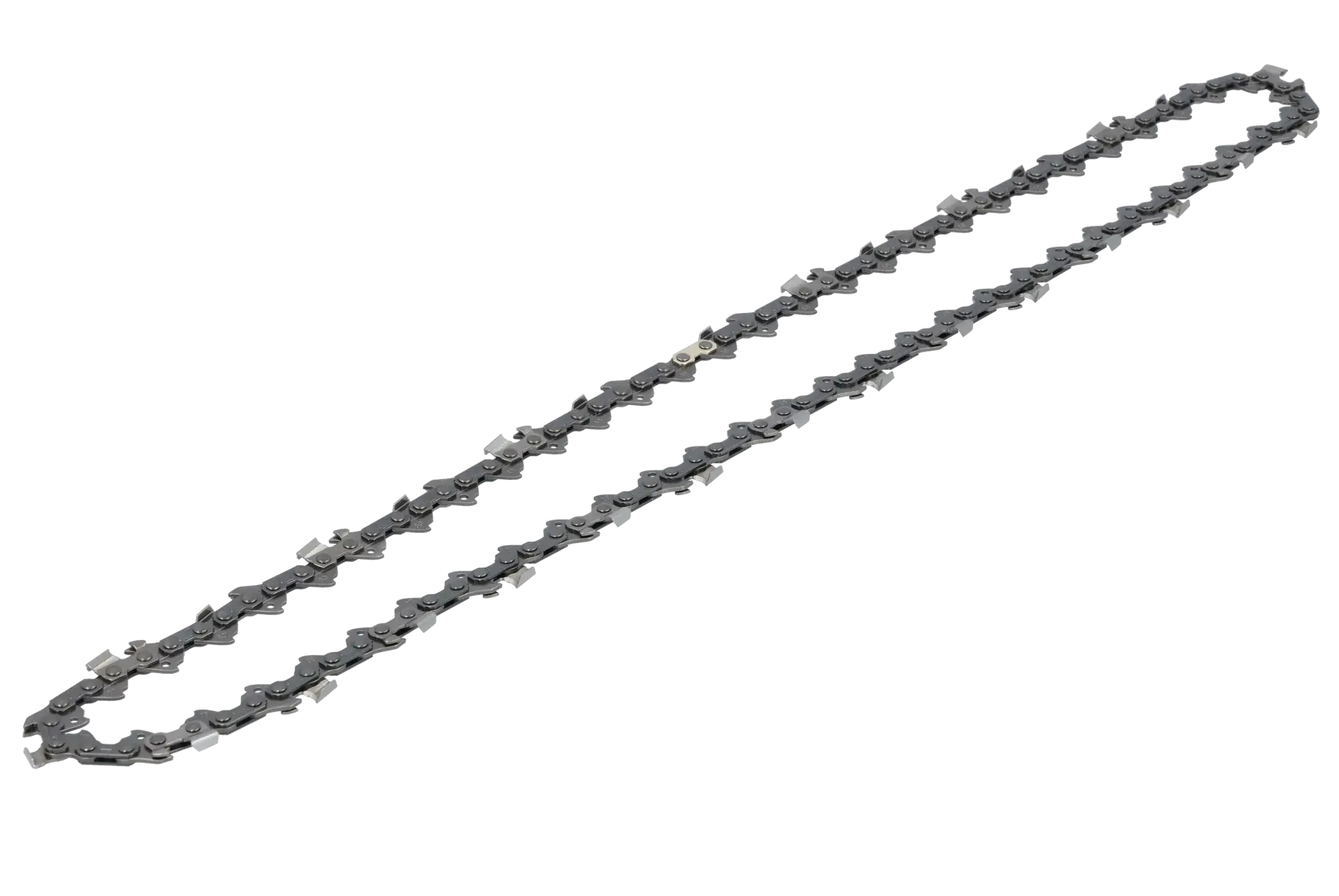 A DEWALT chainsaw chain laid out in an oval shape on a white background.