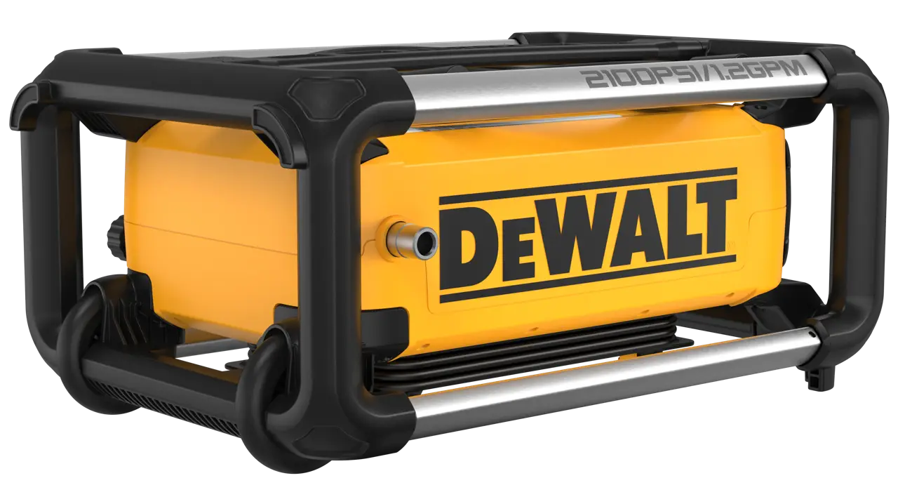 A yellow and black DeWalt portable pressure washer, enclosed in a protective frame, with the DeWalt logo prominently displayed on the side.