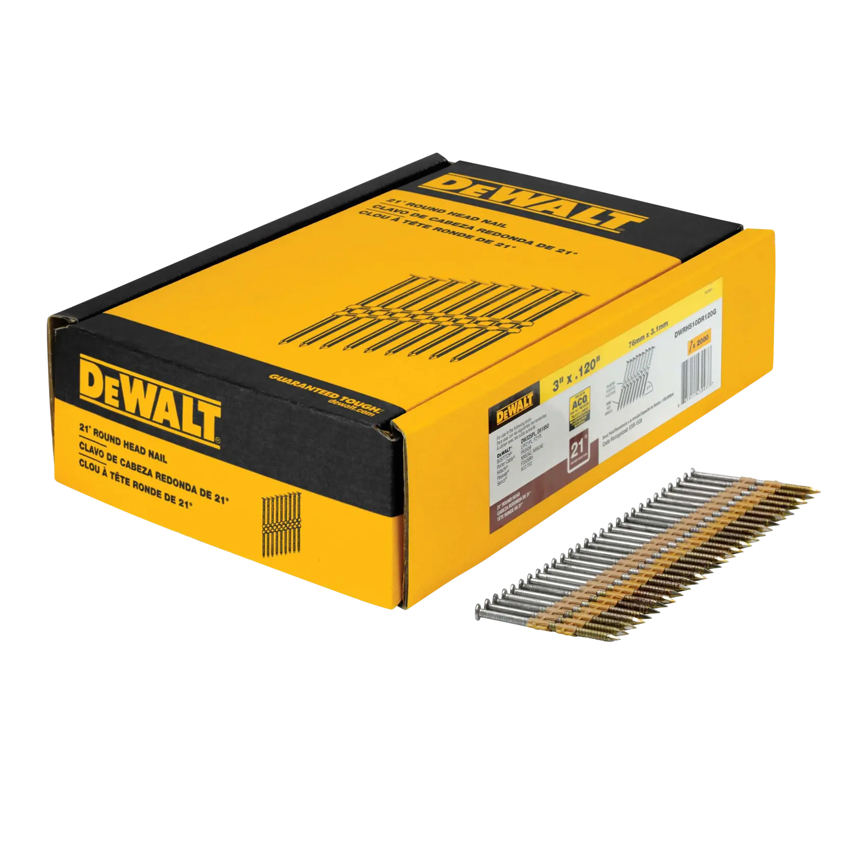 Profile of 76 millimetre by 3 and 1 tenth millimetre Degree Framing Nails along with their packaging box.