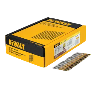 Profile of 76 millimetre by 3 and 1 tenth millimetre Degree Framing Nails along with their packaging box.