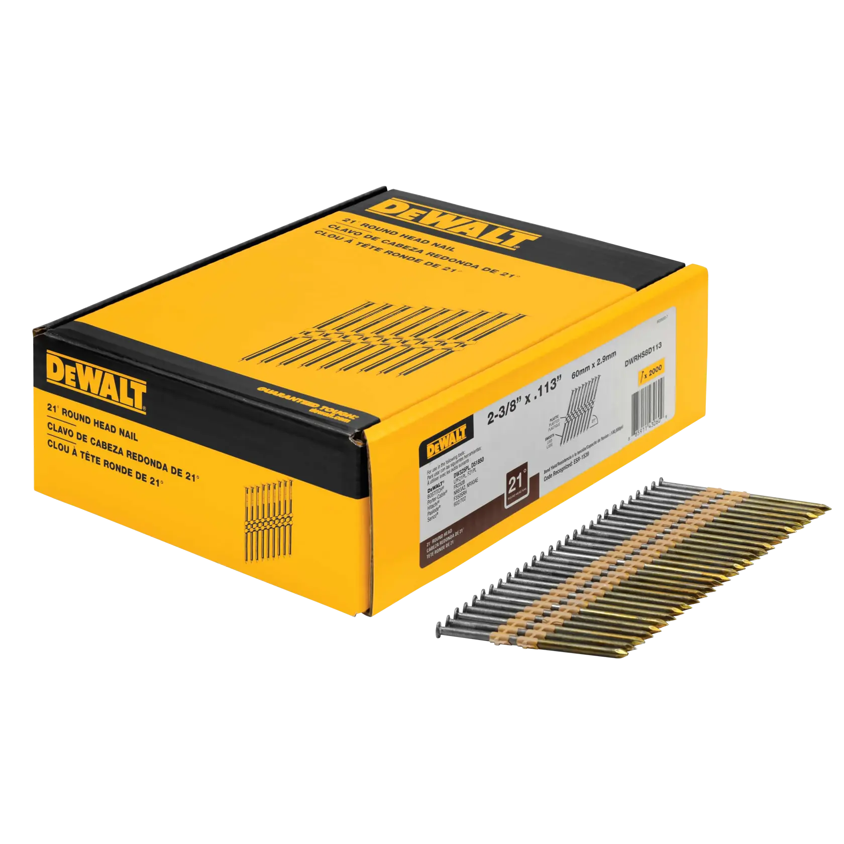 A box of DEWALT 21-degree round head nails with a strip of nails displayed in front. The packaging is primarily yellow and black with product information, including nail size 2-3/8 inch by 0.113 inch.