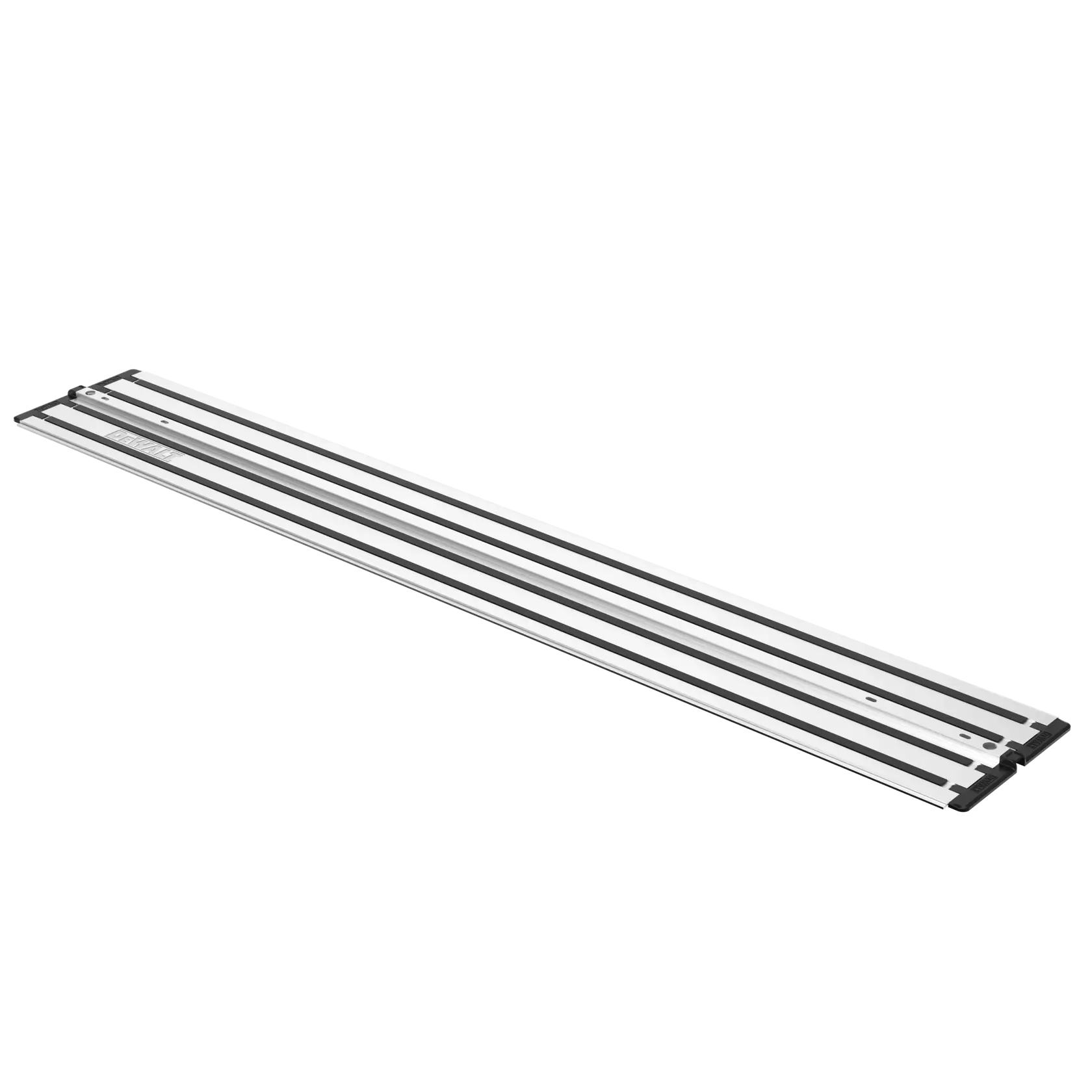 Rectangular DEWALT guide rail for saws, silver with black strips, seen against a white background.