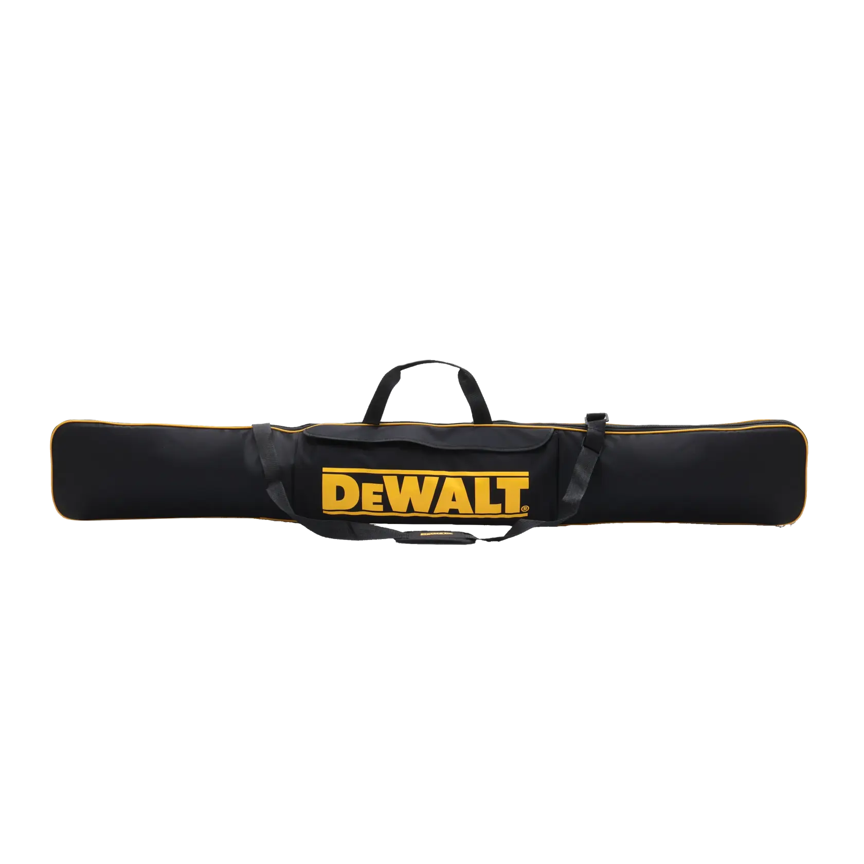 DEWALT DWS5055 black carrying bag with yellow logo, tool storage, front angle, white background.
