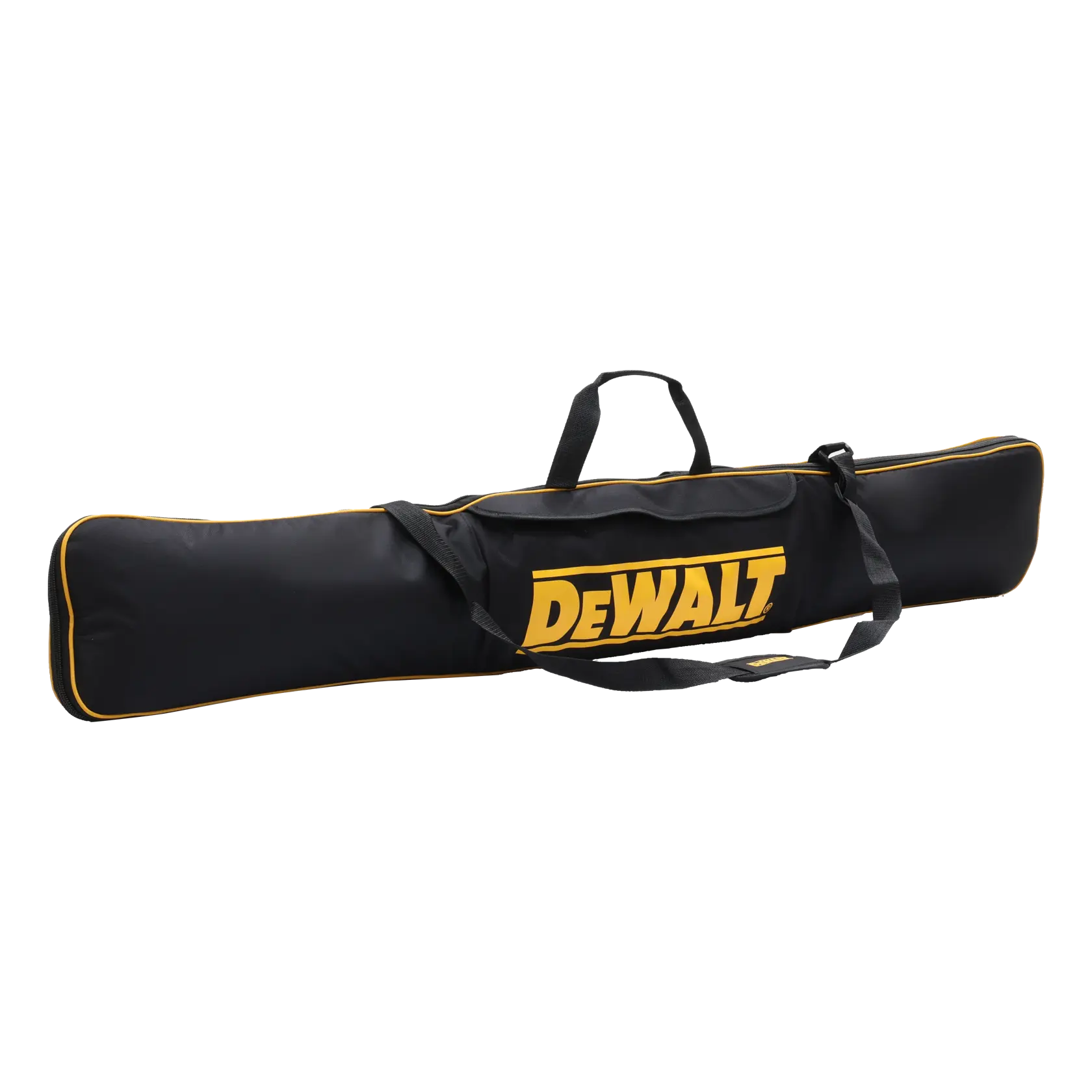 DEWALT DWS5055 black padded bag with yellow trim and logo, front angle, carrying handles, photography product.
