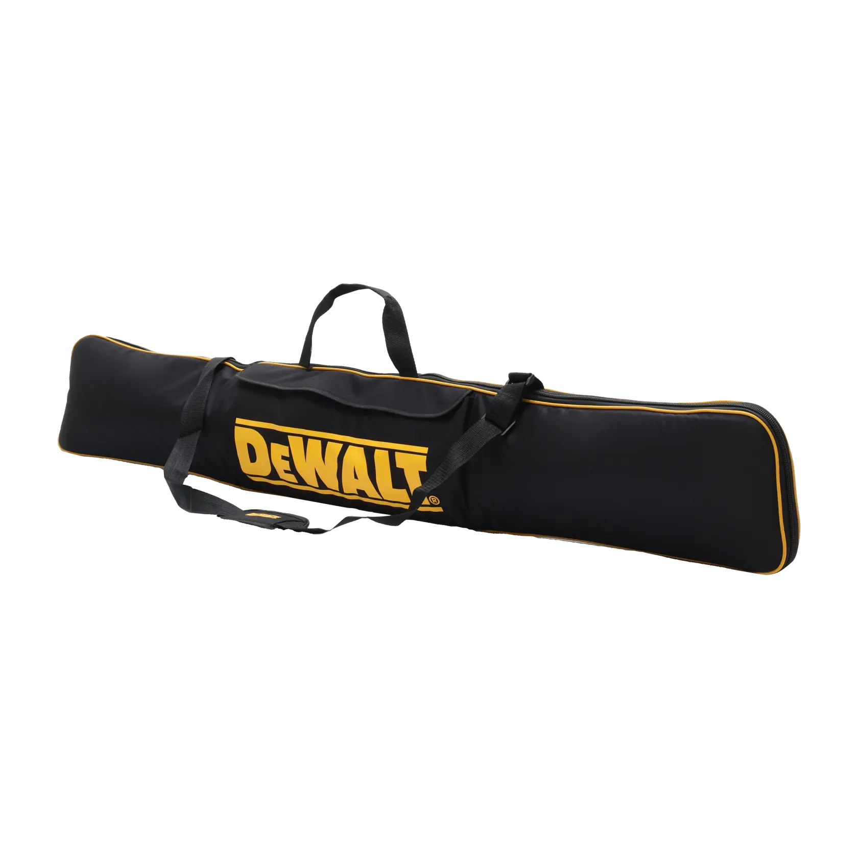 DEWALT DWS5055 black soft tool bag with yellow trim and logo, carrying handle, product photo on white background.
