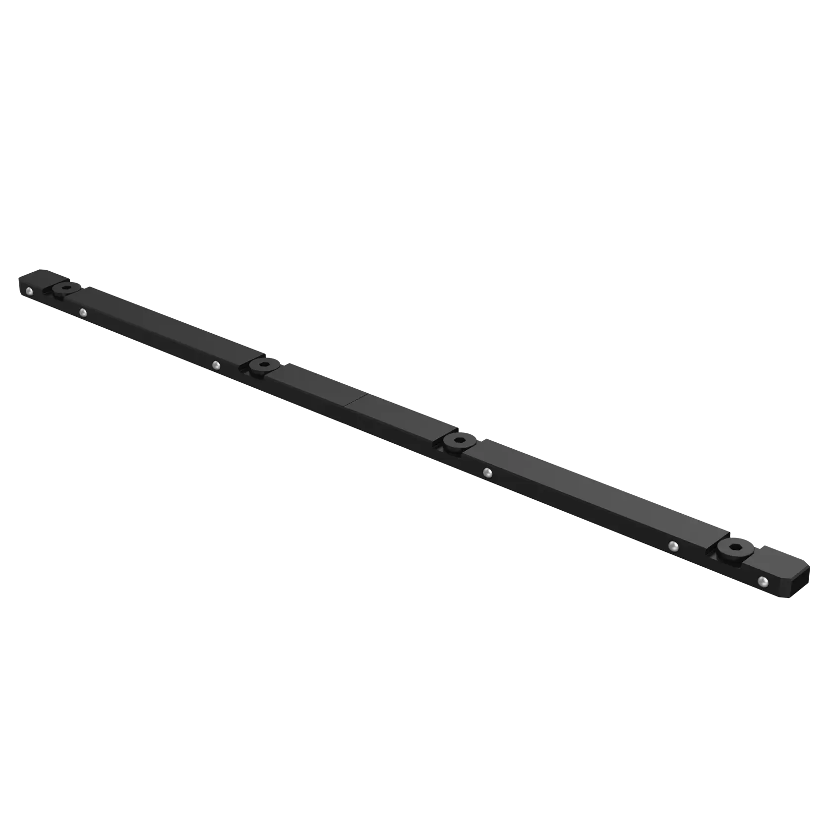 Black metal photography accessory bar with mounting points for cameras or lights, shown against a white background.