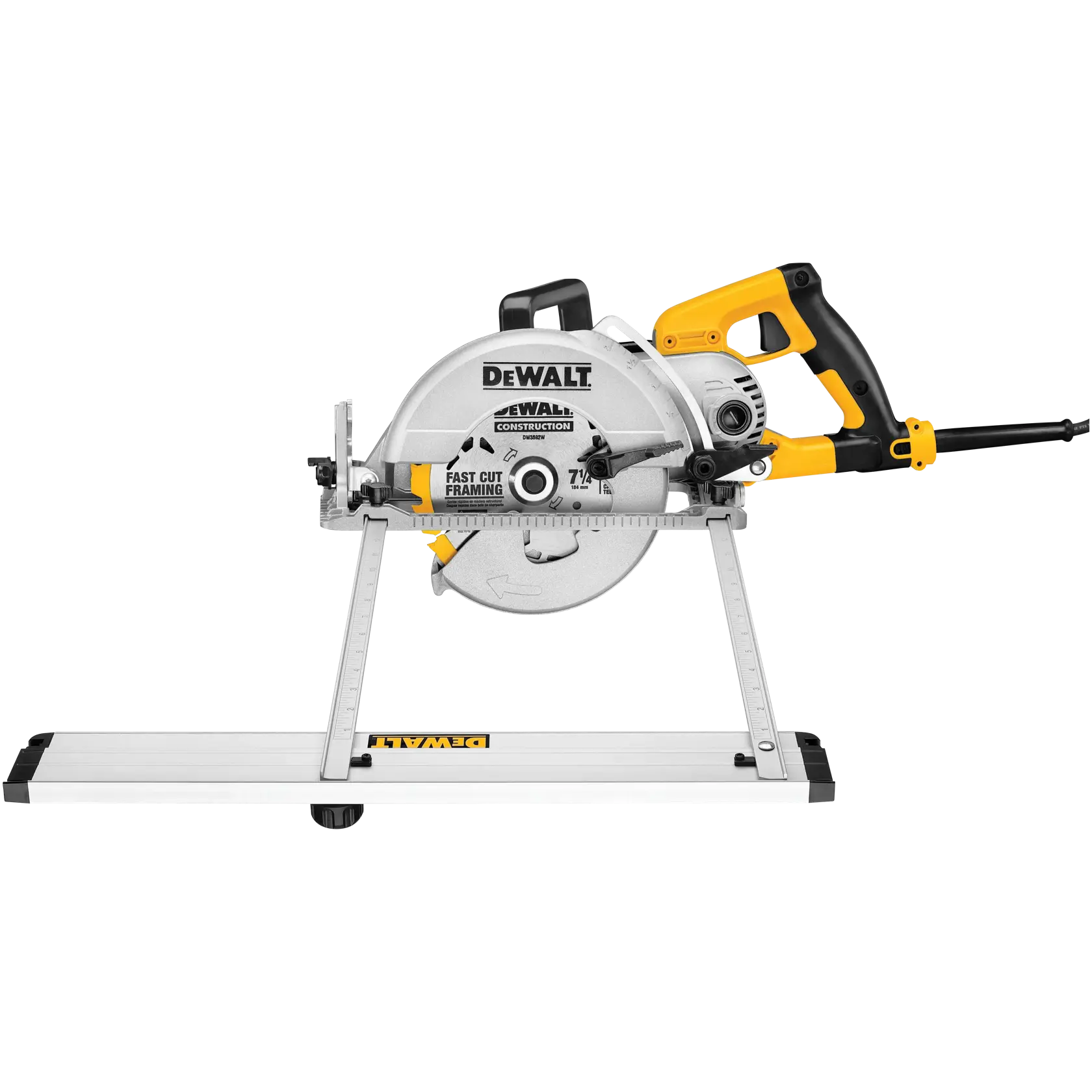 Dual port rip guide being used to cut wood.