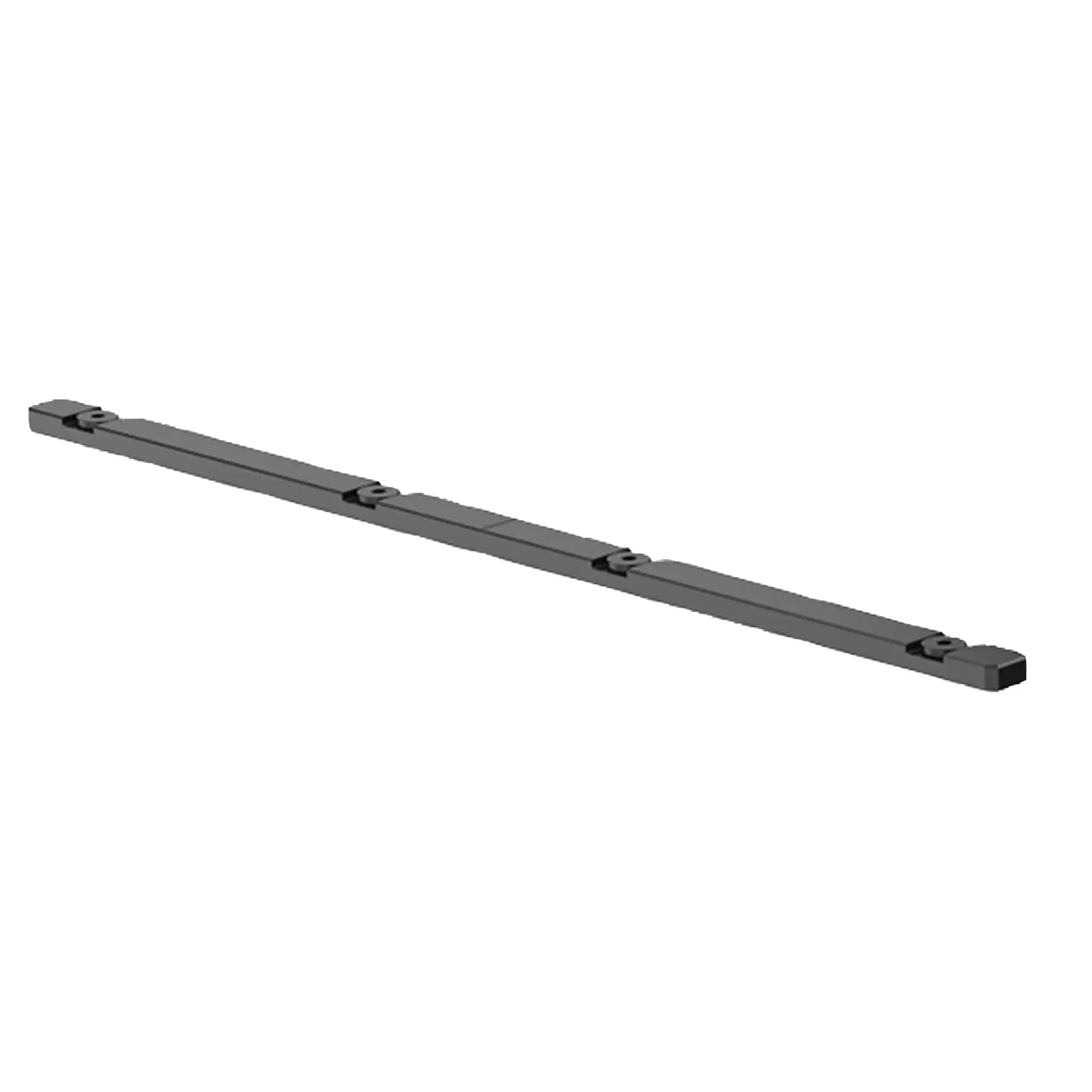 A long, black metal rail with multiple brackets, shown on a white background.