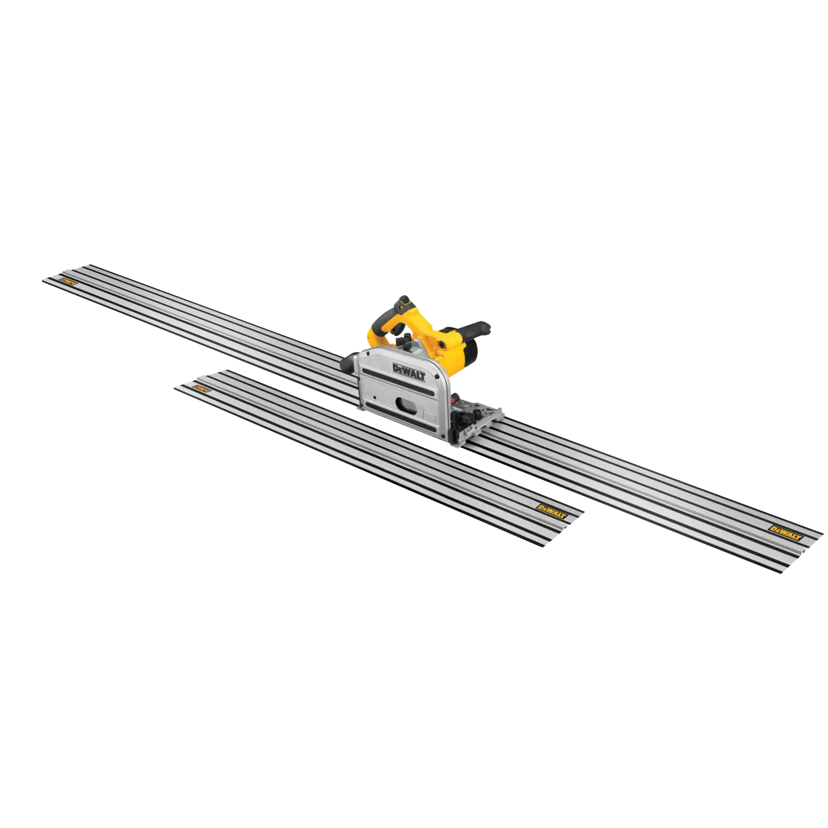 DEWALT track saw with guide rails, showing a yellow and black power tool designed for precise cutting, positioned on two long metal track guides.