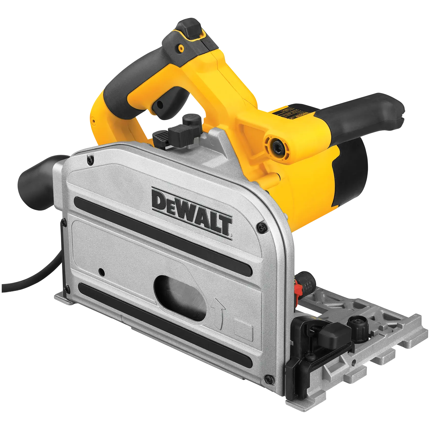 A DEWALT track saw with a yellow and black handle, mounted on a long metallic guide rail for precise cutting.