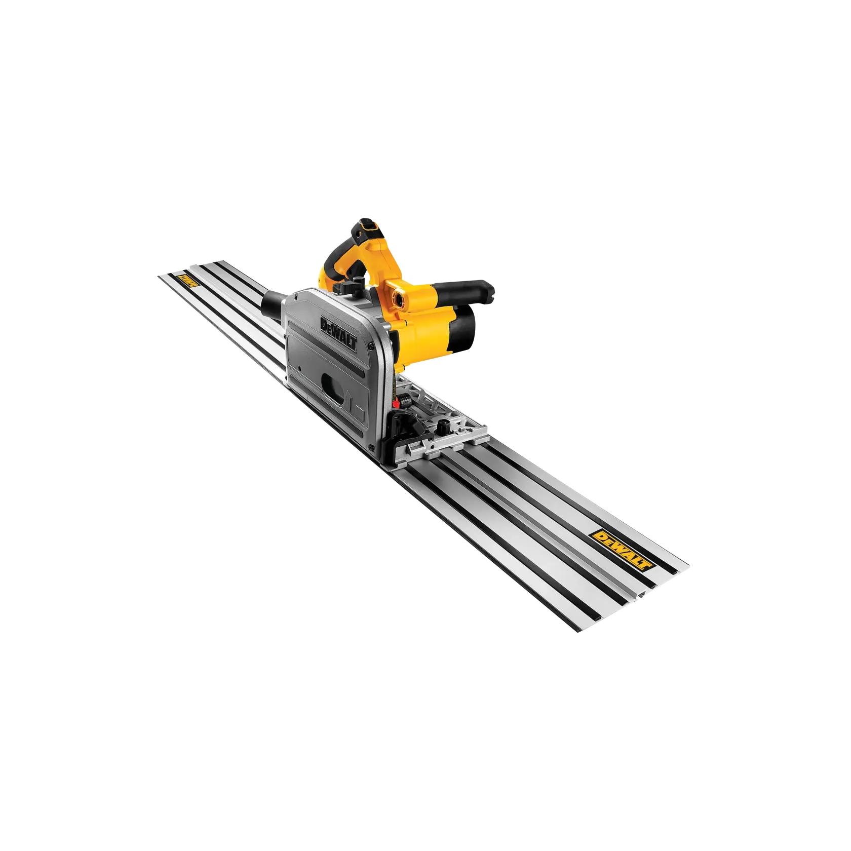 A person using a DEWALT DWS520K track saw to cut wood in a workshop. The face of the person is blurred for privacy. The yellow saw is positioned on a metal guide rail on the work surface.