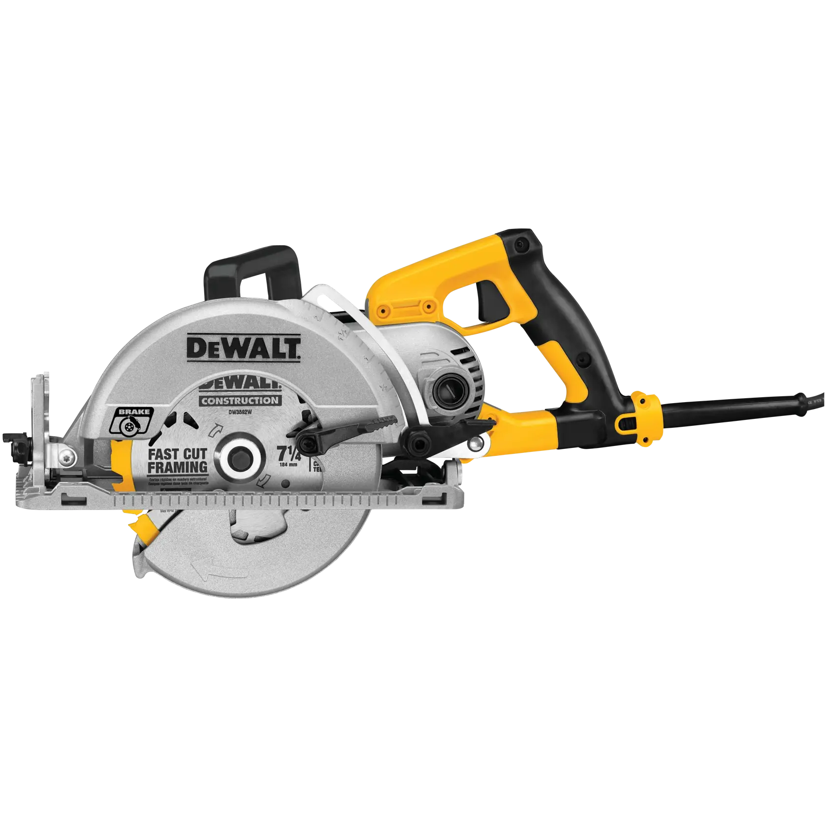 A DEWALT DWS535B construction circular saw with a silver blade guard and yellow and black handle, cable attached, designed for fast cut framing.