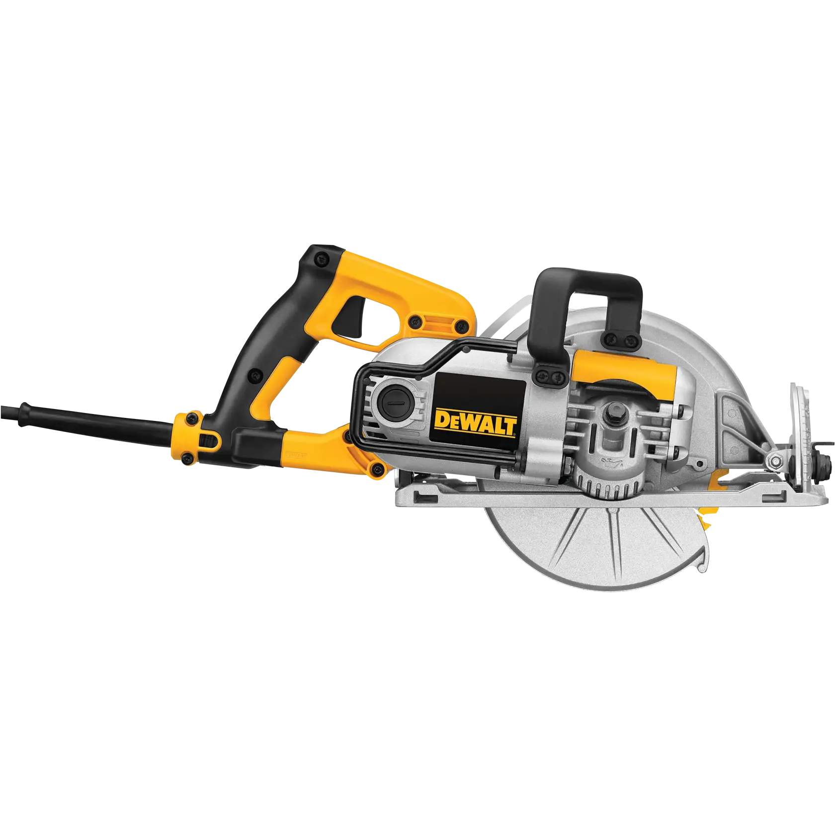 A DEWALT branded circular saw with a yellow and black handle, grey blade guard, and exposed silver circular blade. The saw is shown from the side with its power cord visible.