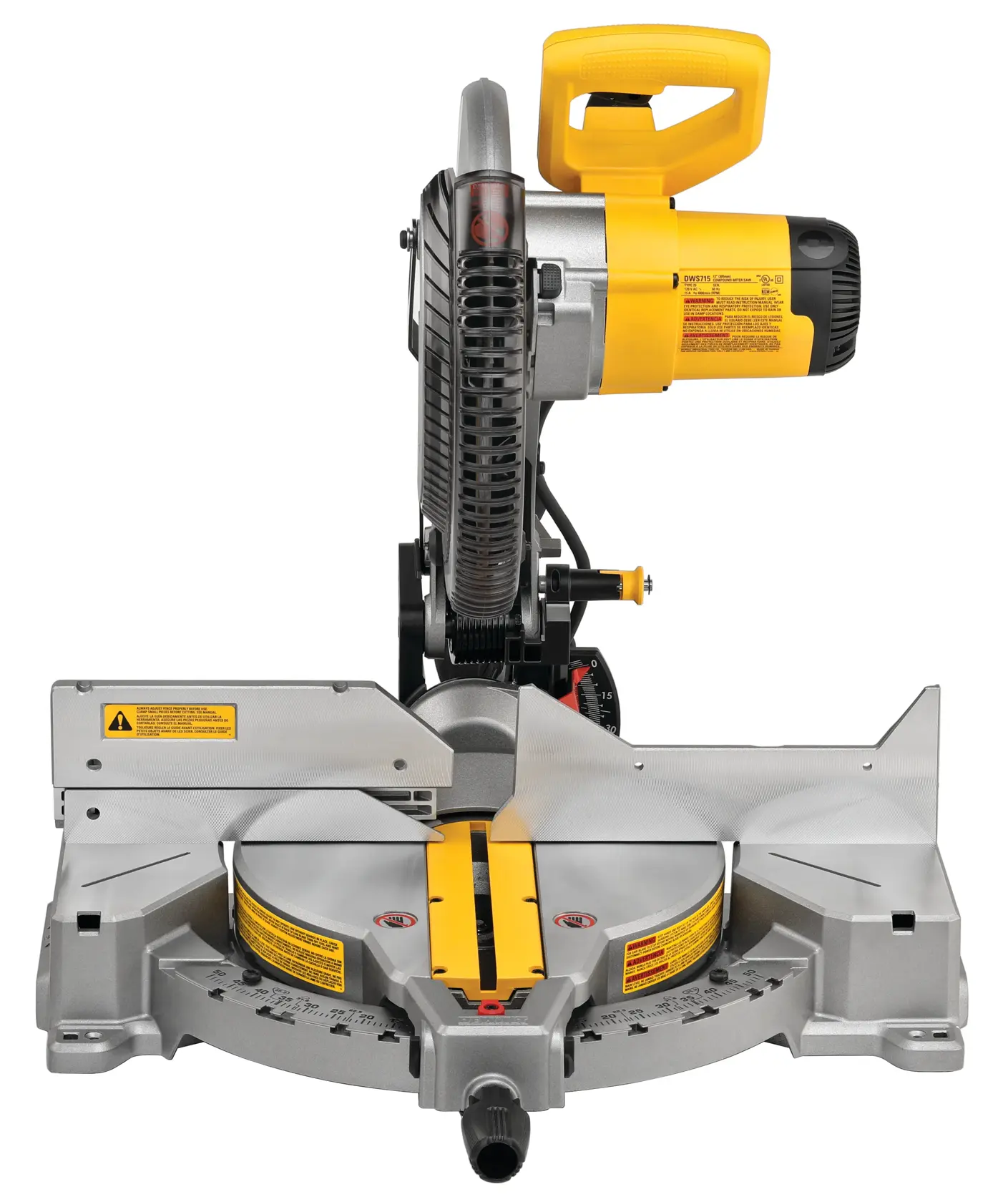 Electric single bevel compound miter saw being used by a person to cut wood.