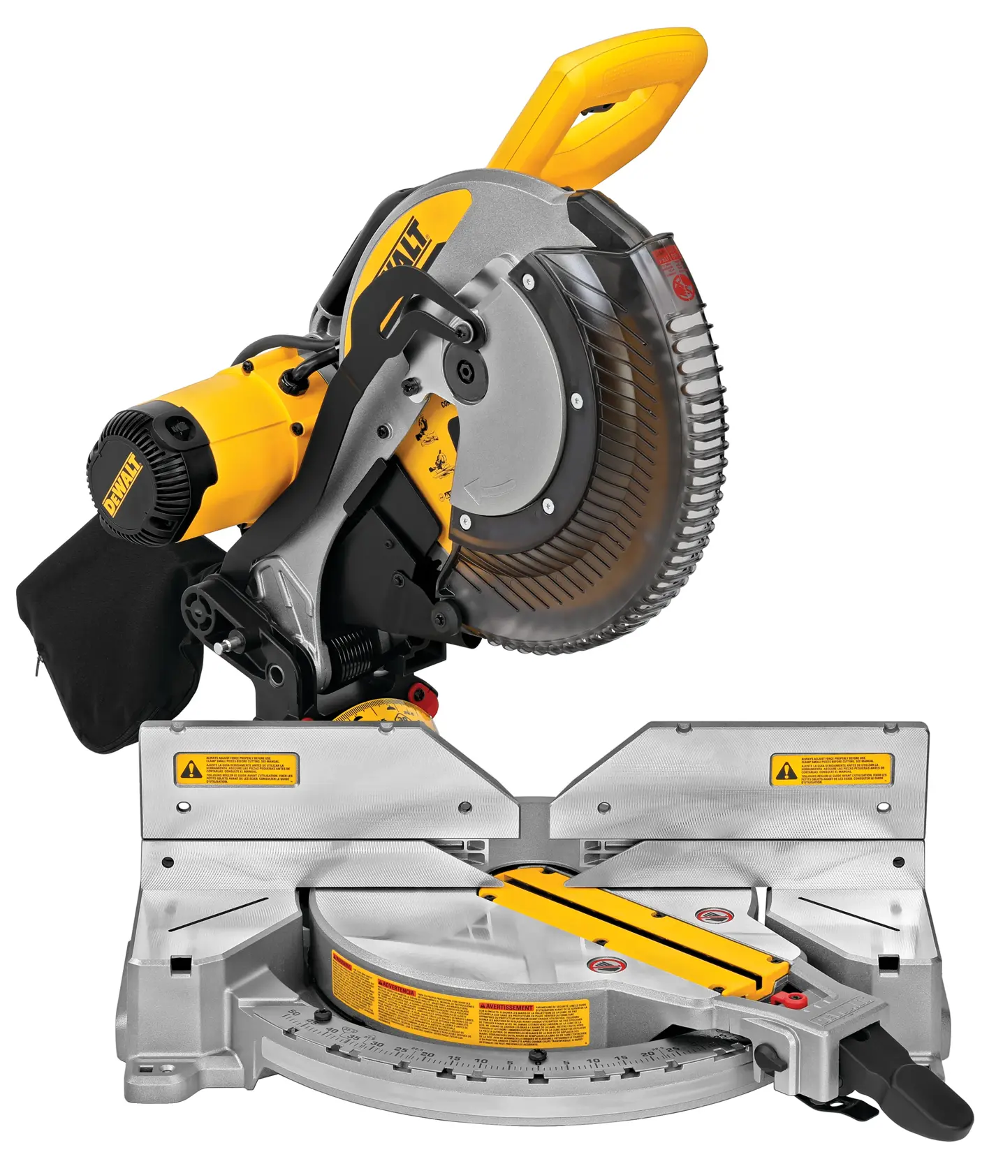 Profile of electric double bevel compound miter saw with cutline.