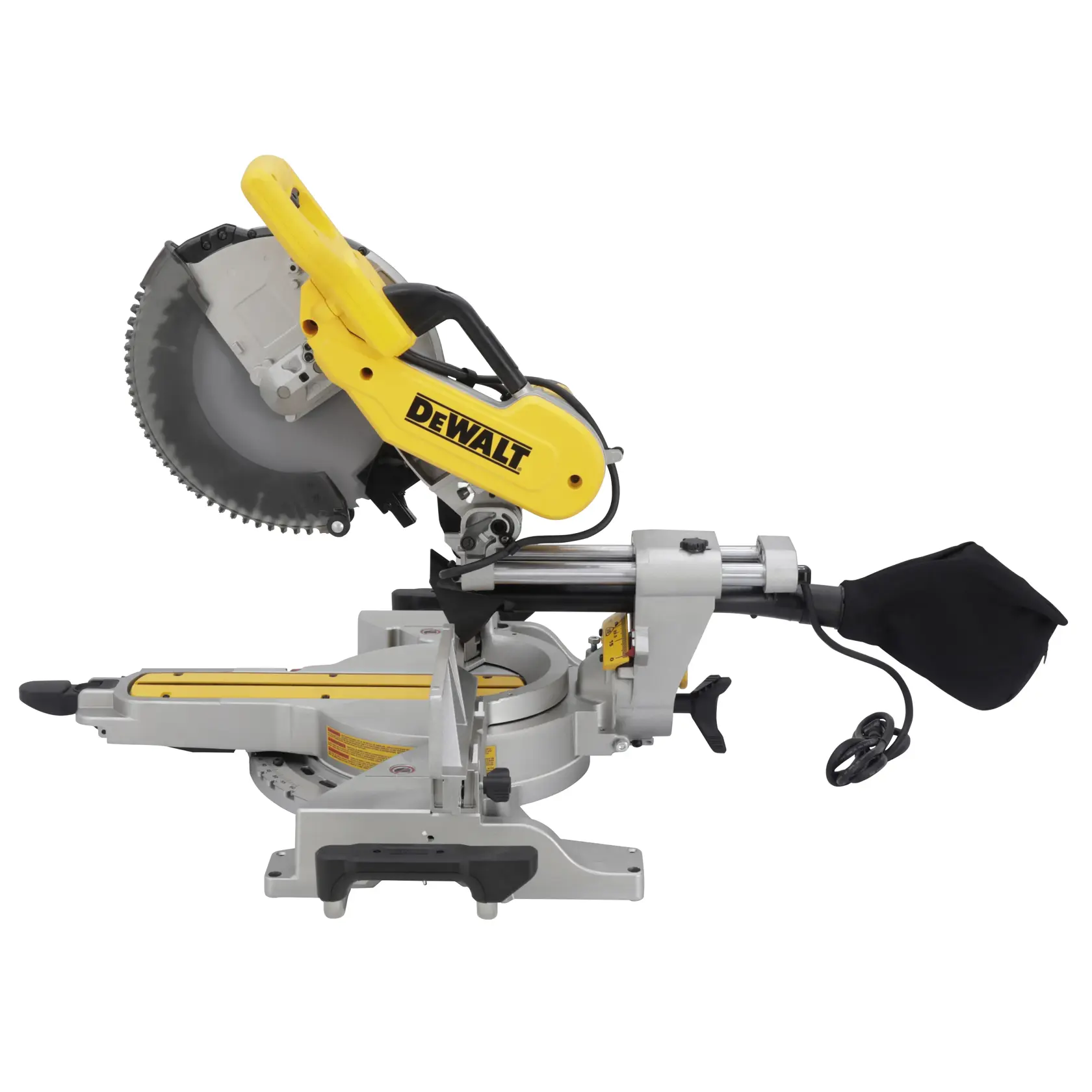 A DEWALT DWS779 sliding compound miter saw for woodworking, featuring a yellow and black design, mounted on a gray base with a dust collection bag and a visible power cord.