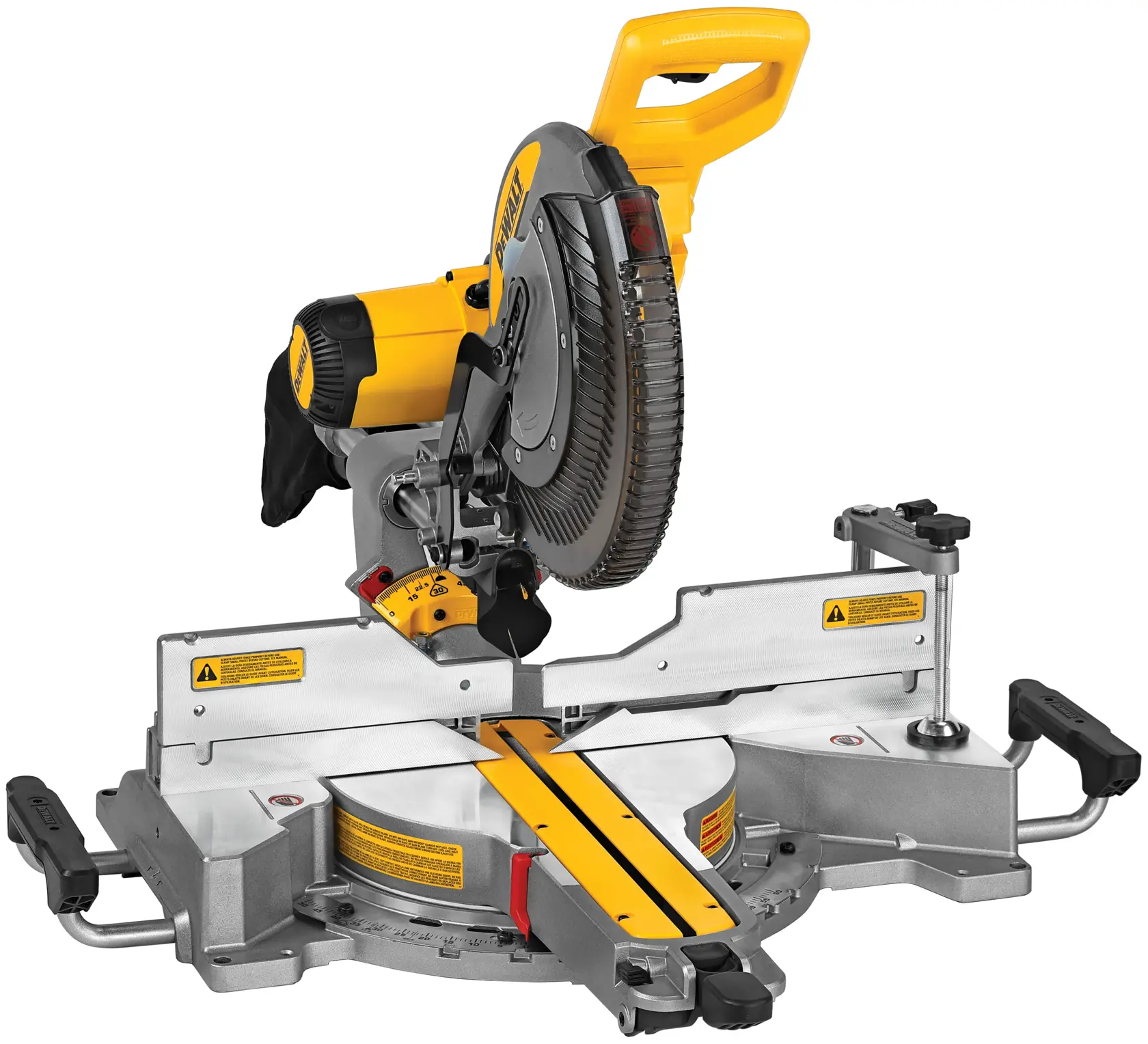A DEWALT DWS779 sliding compound miter saw with a yellow and black design, featuring a circular blade, a dust collection bag, and adjustable angle settings for precise cutting.