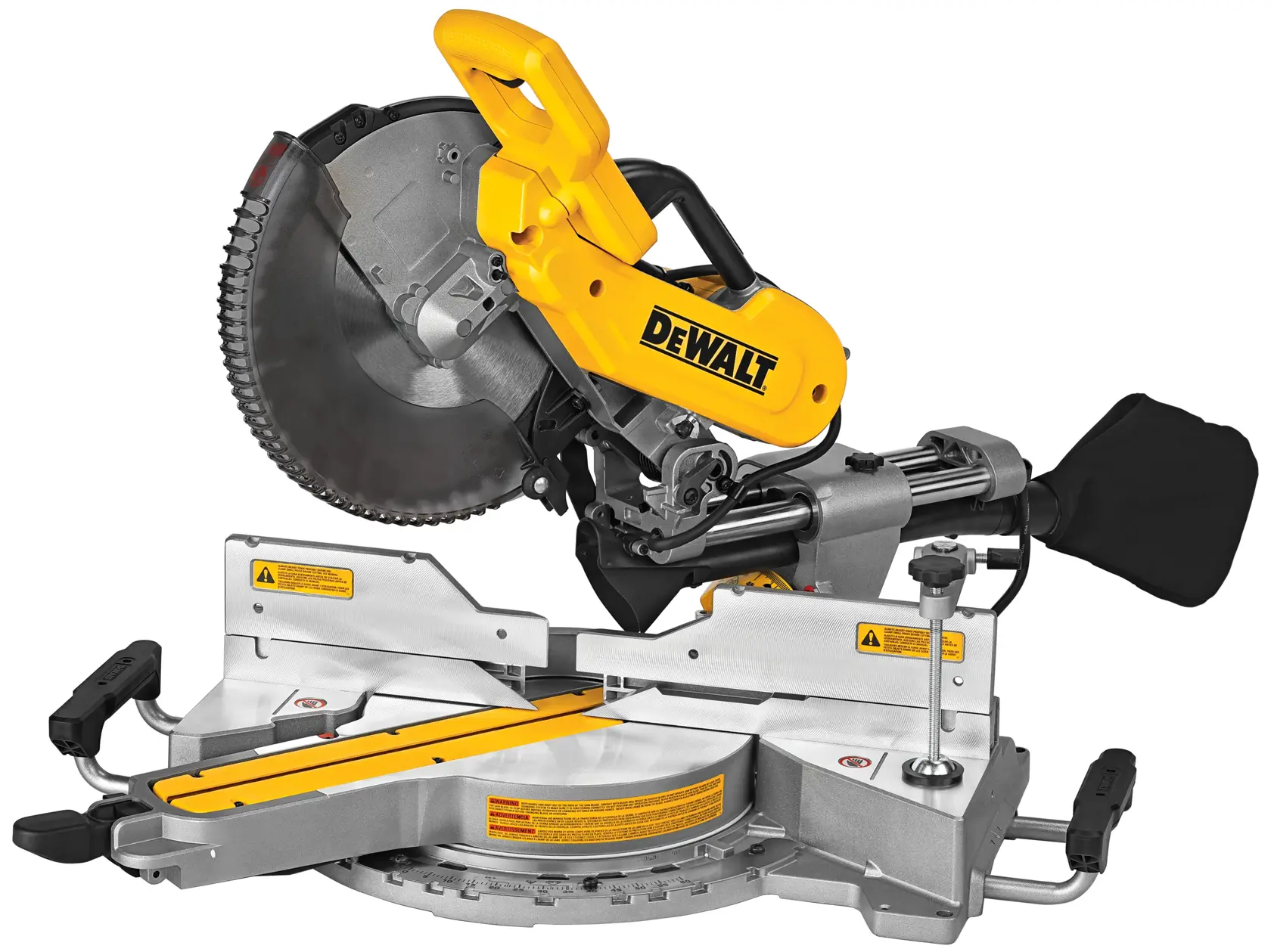 A DEWALT sliding compound miter saw with a yellow and black design, a large circular blade, and a dust collection bag attached at the back. The saw is set on a sturdy metal base with measurement markings and adjustment handles.