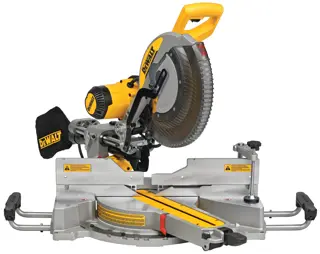A DEWALT DWS780 sliding compound miter saw with a yellow and silver body, featuring a large circular blade, laser guide, and adjustable fence for precise wood cutting.