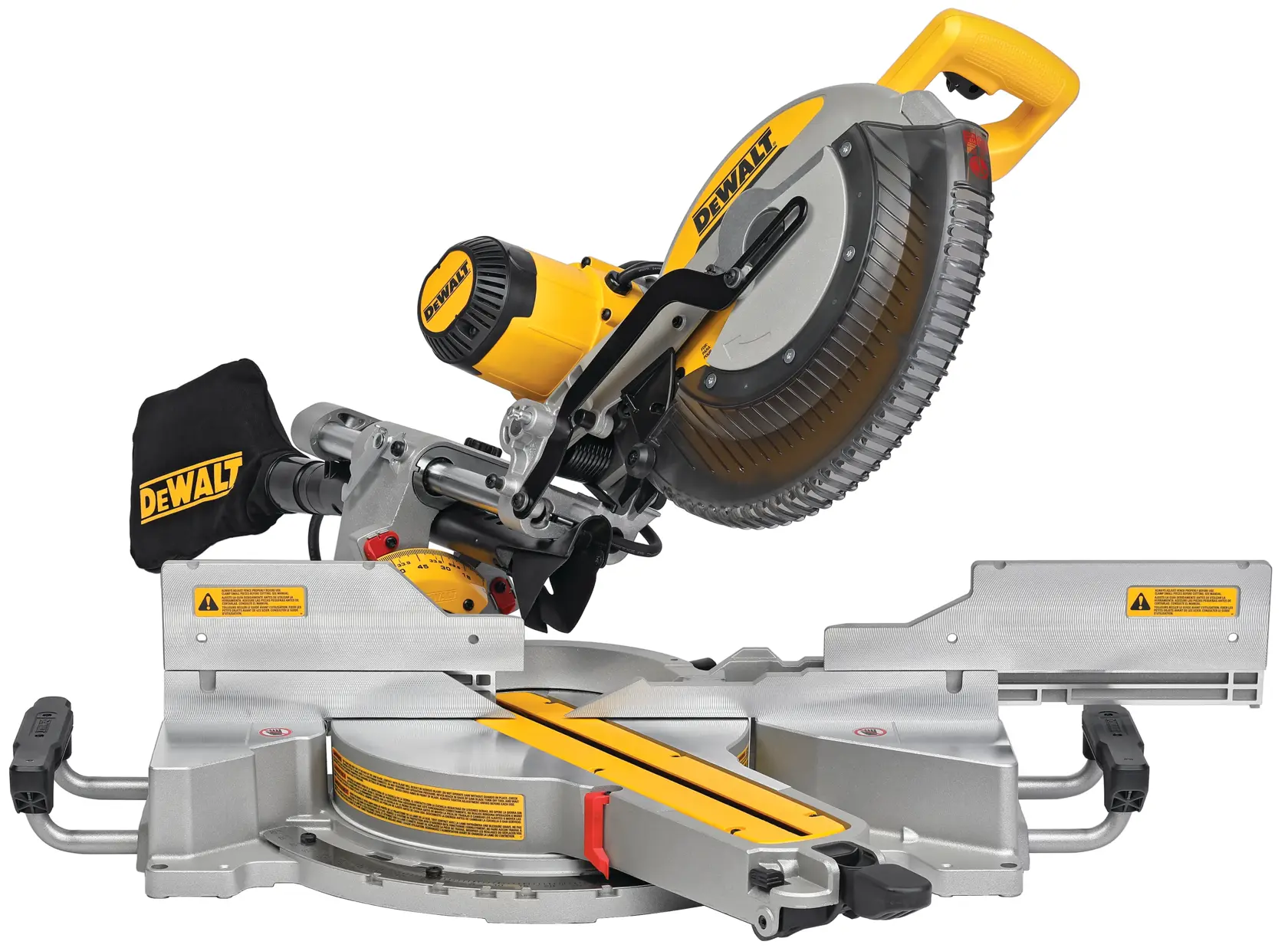 A DEWALT DWS780 sliding compound miter saw with a yellow and black handle, a dust bag, and adjustable metallic base on a white background.