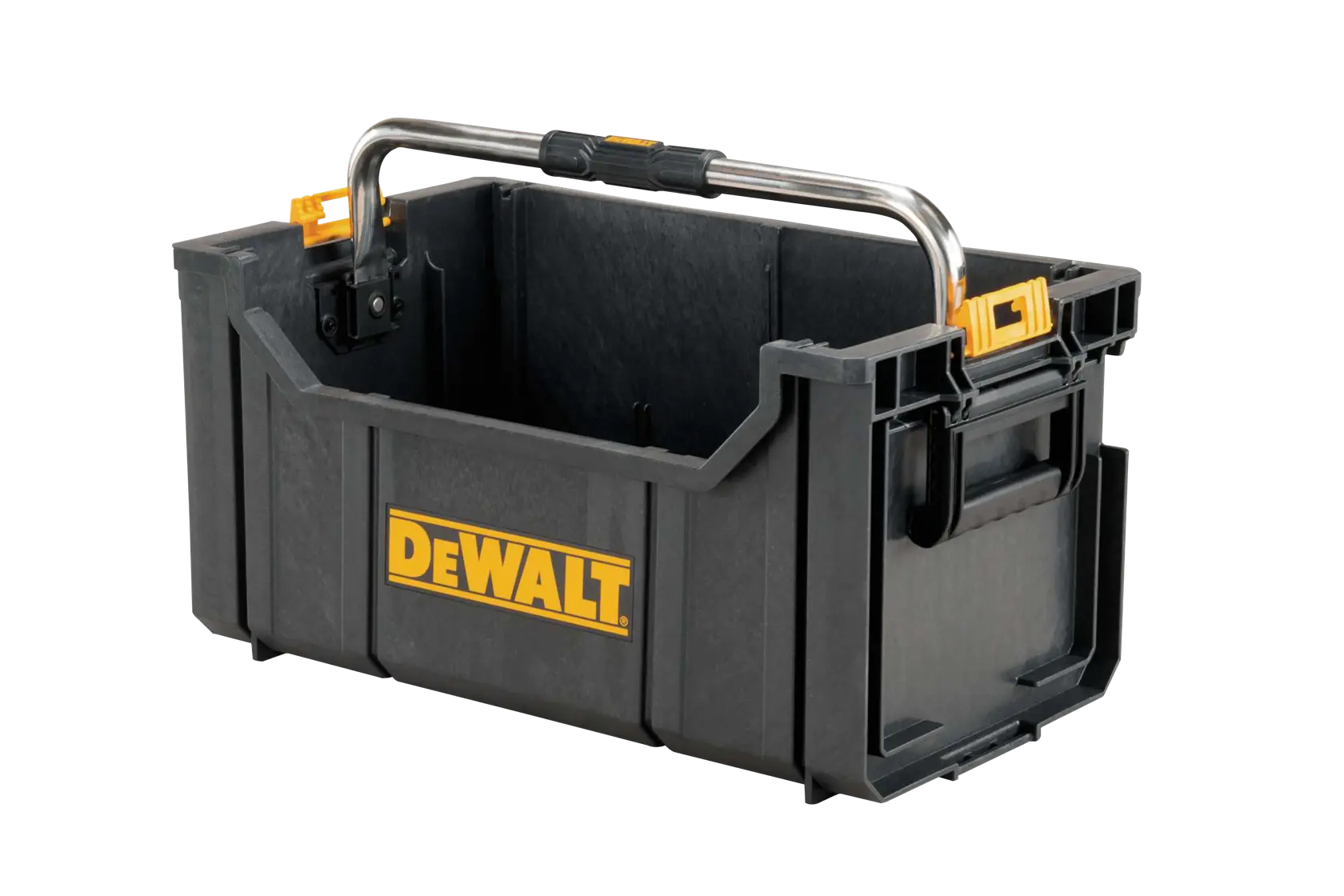 A DEWALT branded black plastic open toolbox with a metal handle, suitable for carrying tools and accessories.