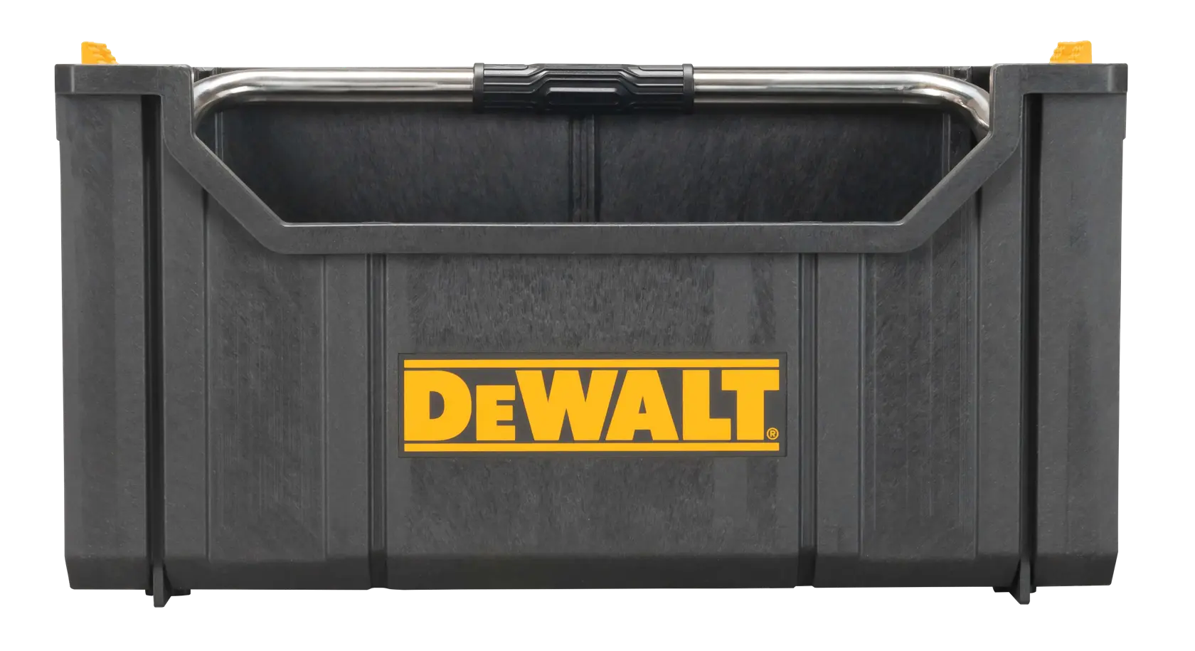 Front view of a black DEWALT storage tote with a yellow DEWALT logo and a metal carrying handle.