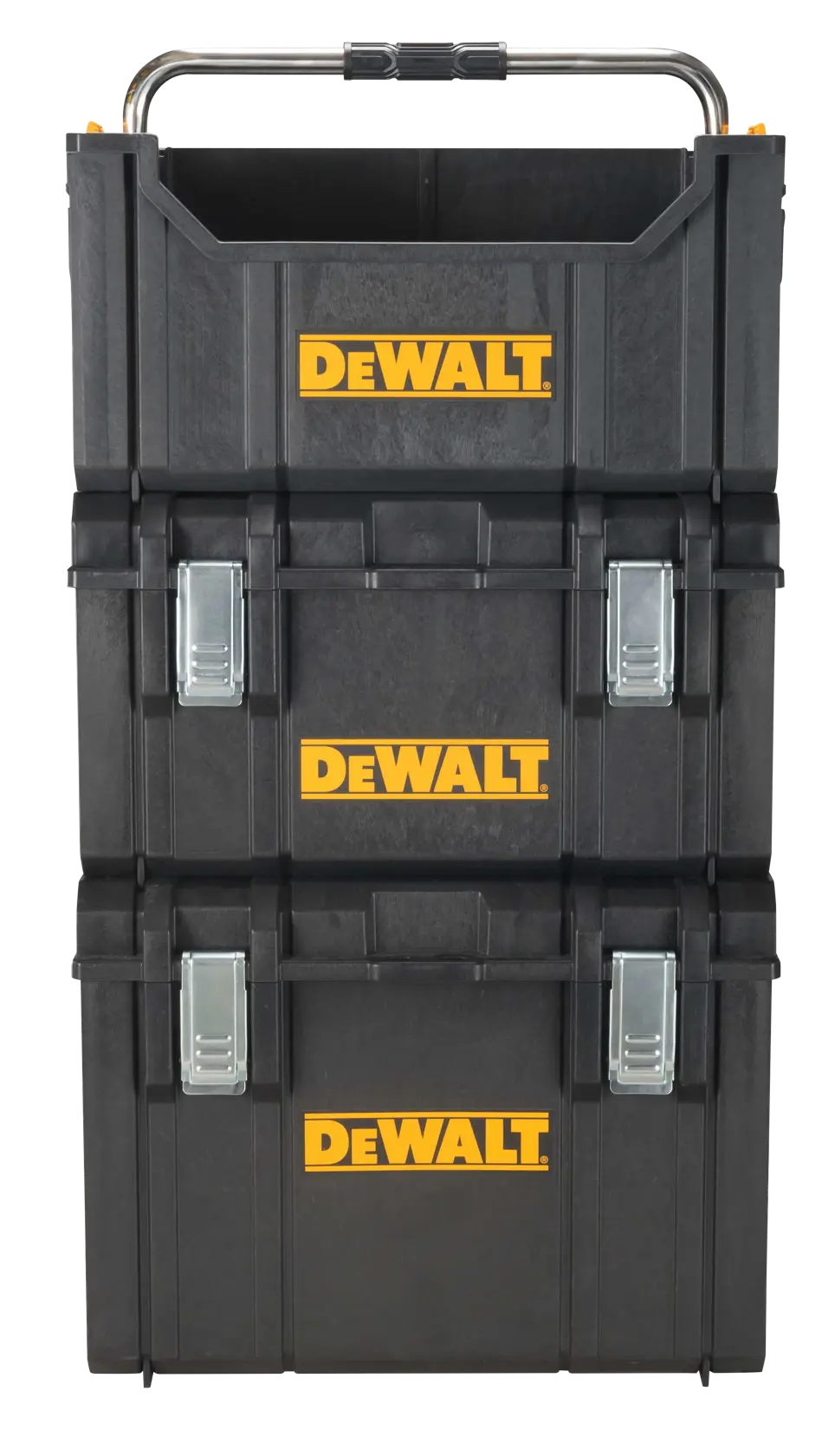 Stacked black DEWALT toolboxes with metal latches and a telescoping handle.