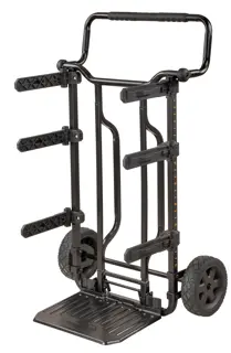 A black utility cart with durable wheels and adjustable arms, designed for transporting toolbox systems or heavy equipment. The cart has a sturdy handle and a ribbed platform base.