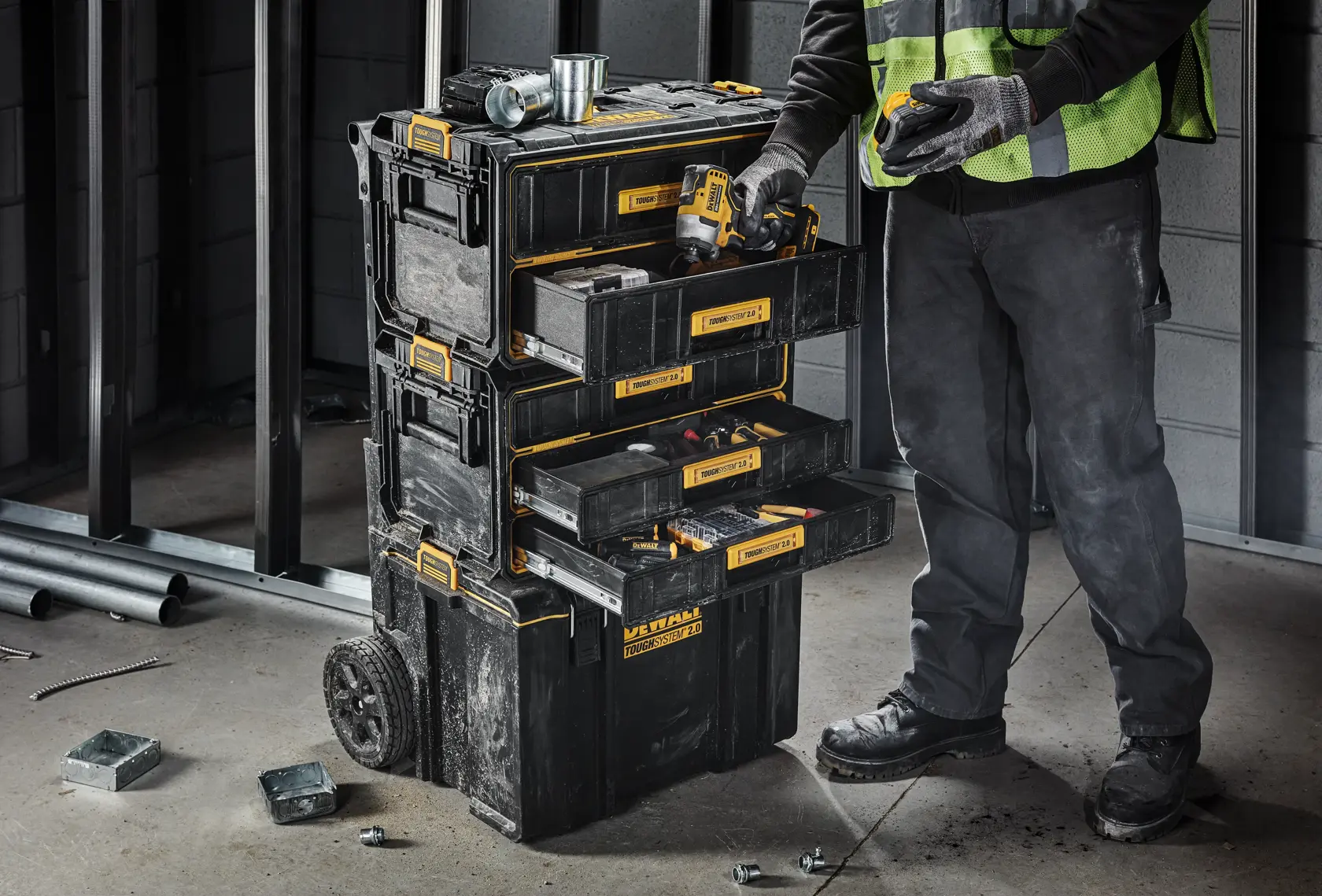 DEWALT TOUGHSYSTEM 2.0 3-Drawer Toolbox in an electrical setting