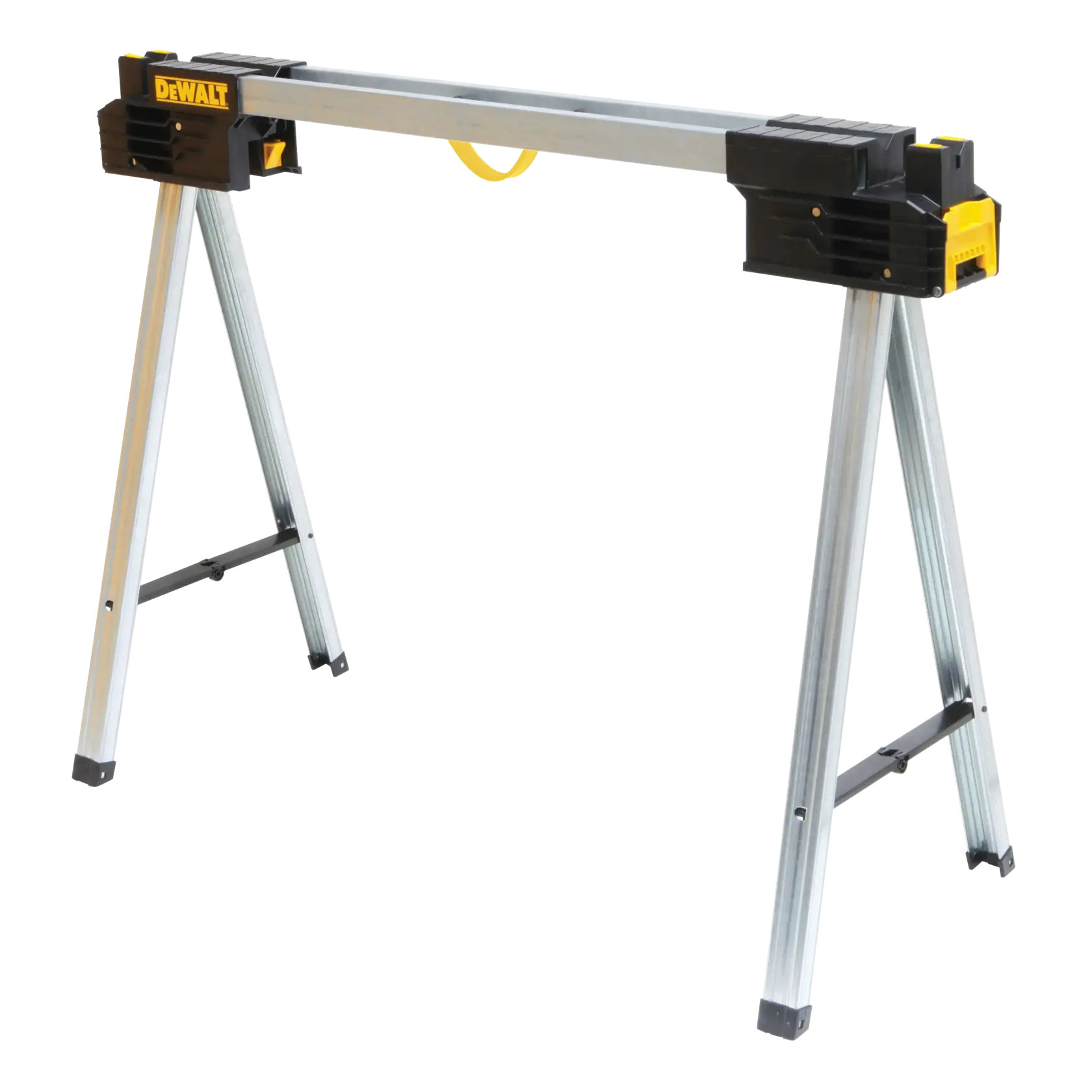Profile of a metal folding sawhorse.