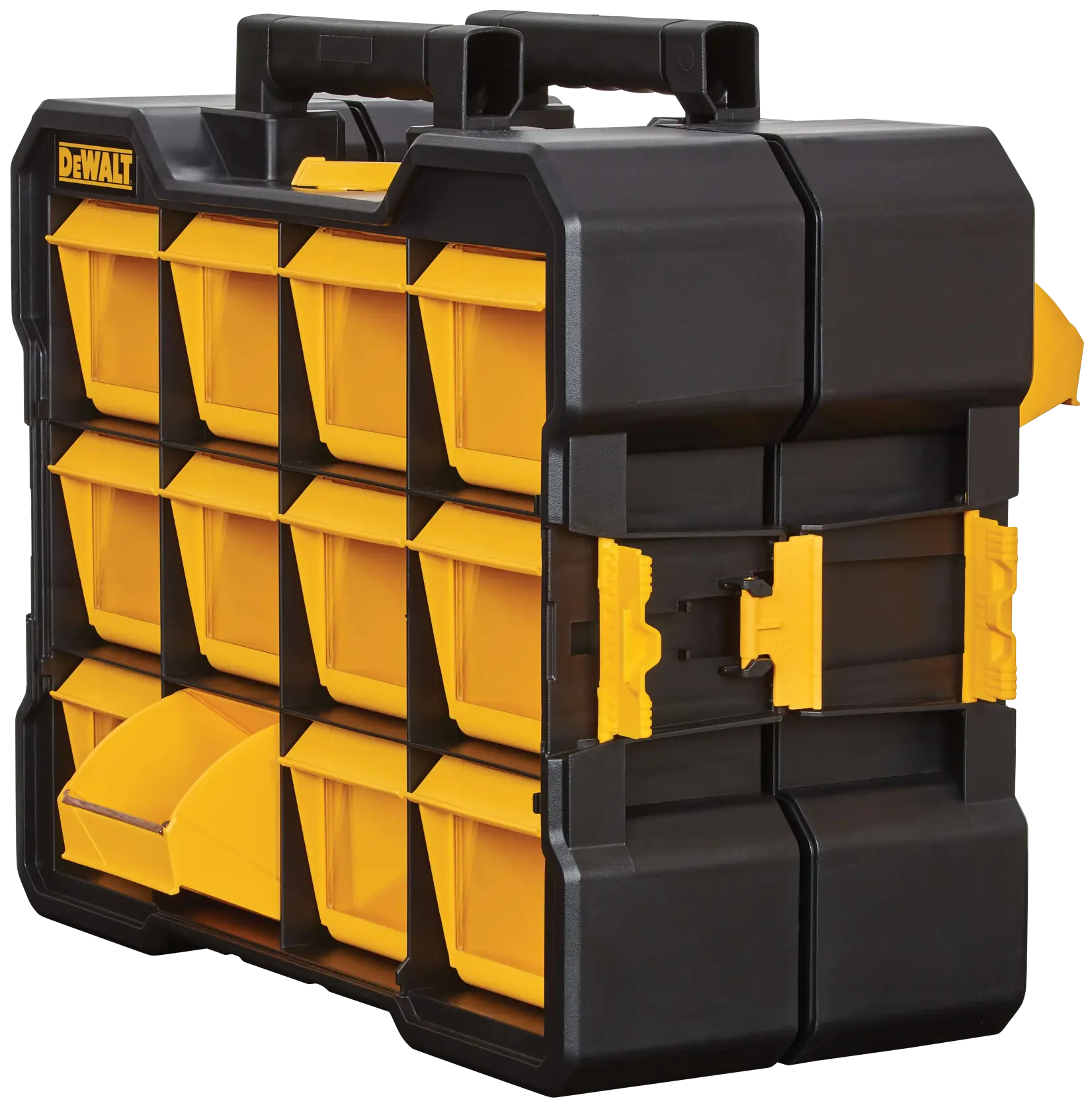 Left profile of flip bin organizer.