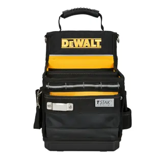 Front view of a DEWALT branded black and yellow portable tool bag with multiple pockets, a handle on top, and a TSTAK Compatible label.