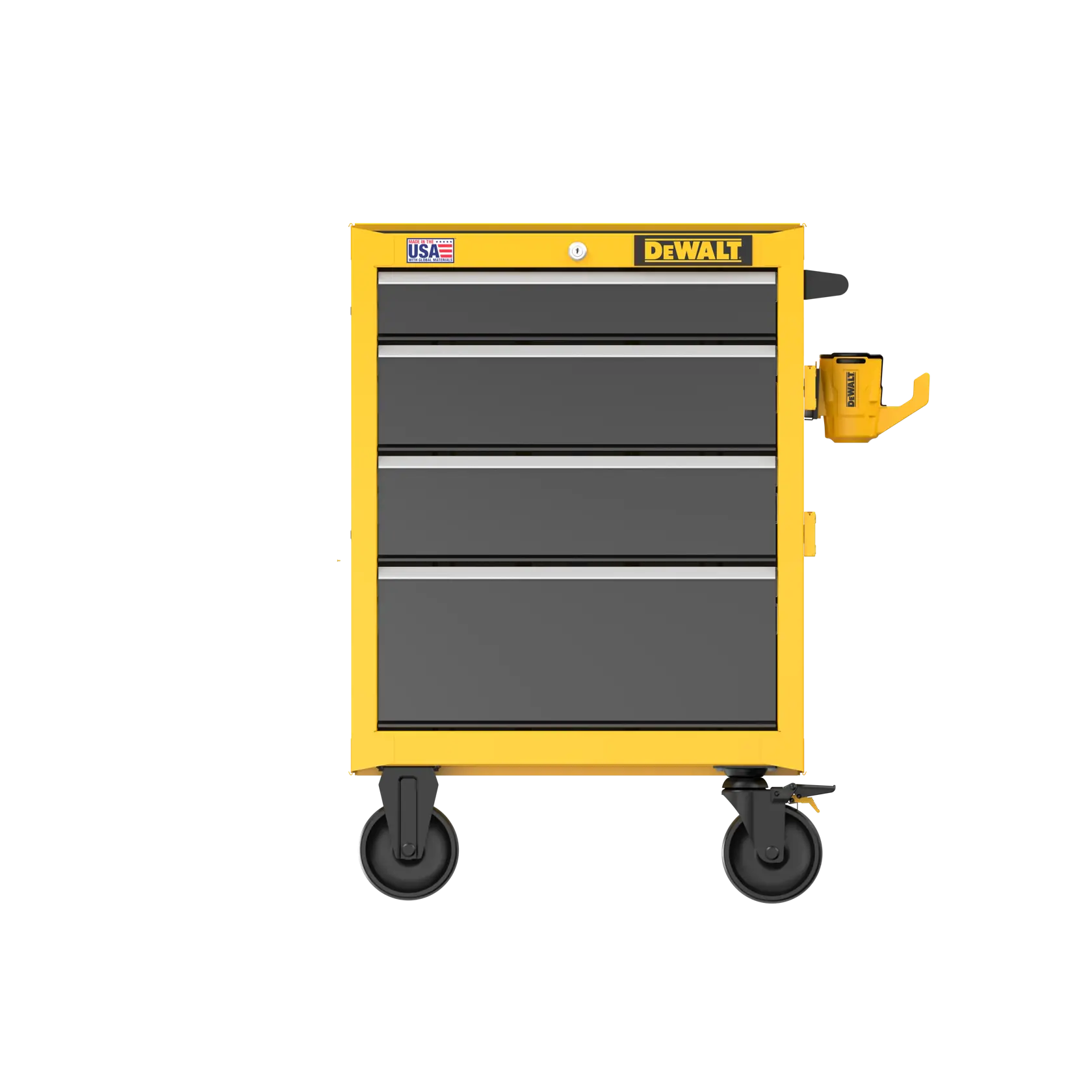 DEWALT 26“ W 5-Drawer Rolling Tool Cabinet Head on Angle on White