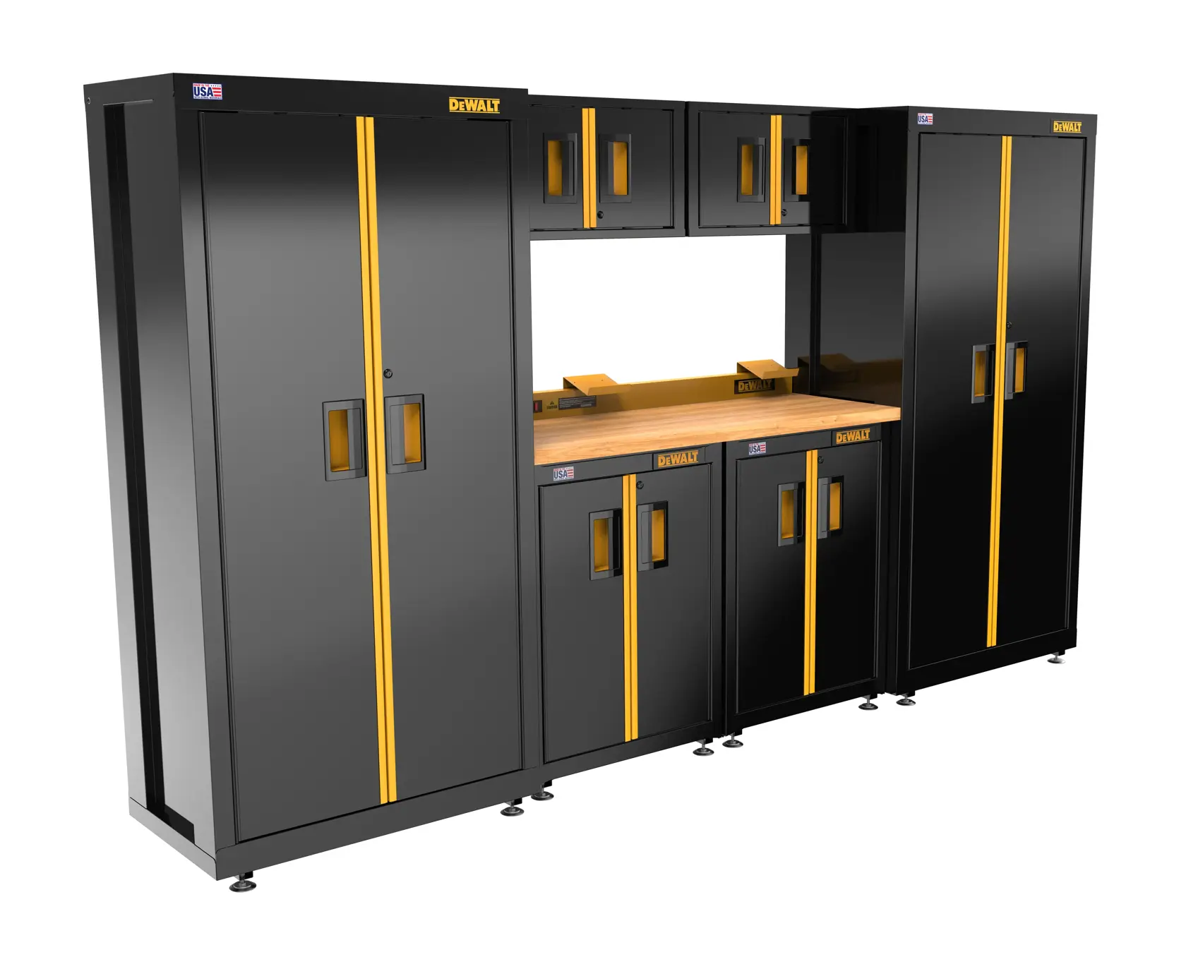 DEWALT 126 in. Wide, 7 Piece Welded Storage Suite with 2, 2-Door Base Cabinets and Wood Top