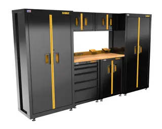 Profile view of 126 in., 7 pc. suite with 2-door and 5-drawer base cabinets and wood top