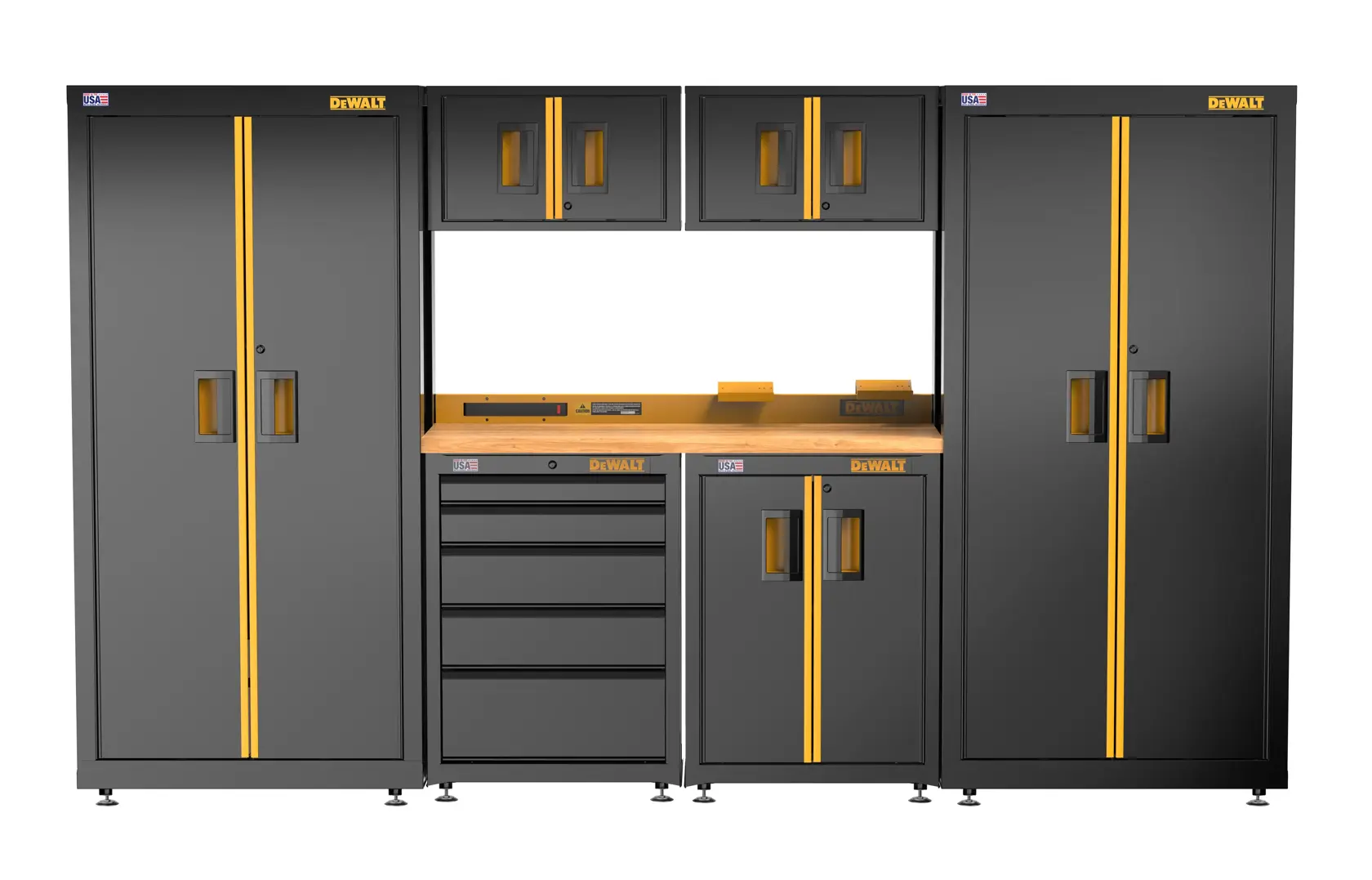 Front view of 126 in., 7 pc. suite with 2-door and 5-drawer base cabinets and wood top