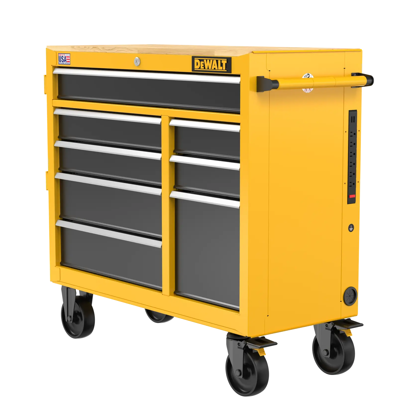 DEWALT 40“ Wide 8 Drawer Mobile Workstation Side Angle on White