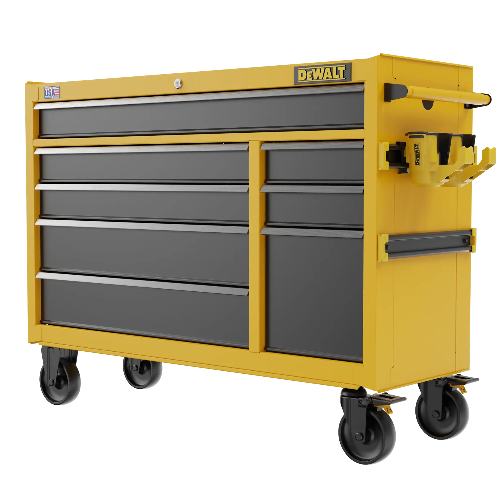 Three-Quarter View of DEWALT® 52 in. 8-Drawer Rolling Tool Cabinet on White