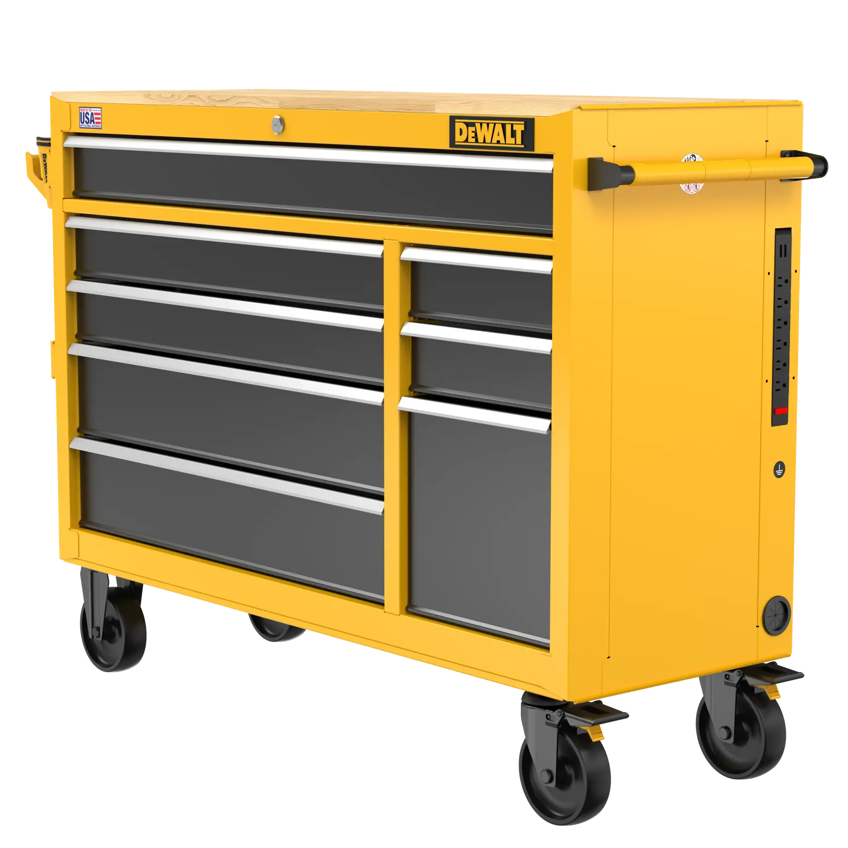 DEWALT 52“ Wide 8 Drawer Mobile Workstation Side Angle on White.